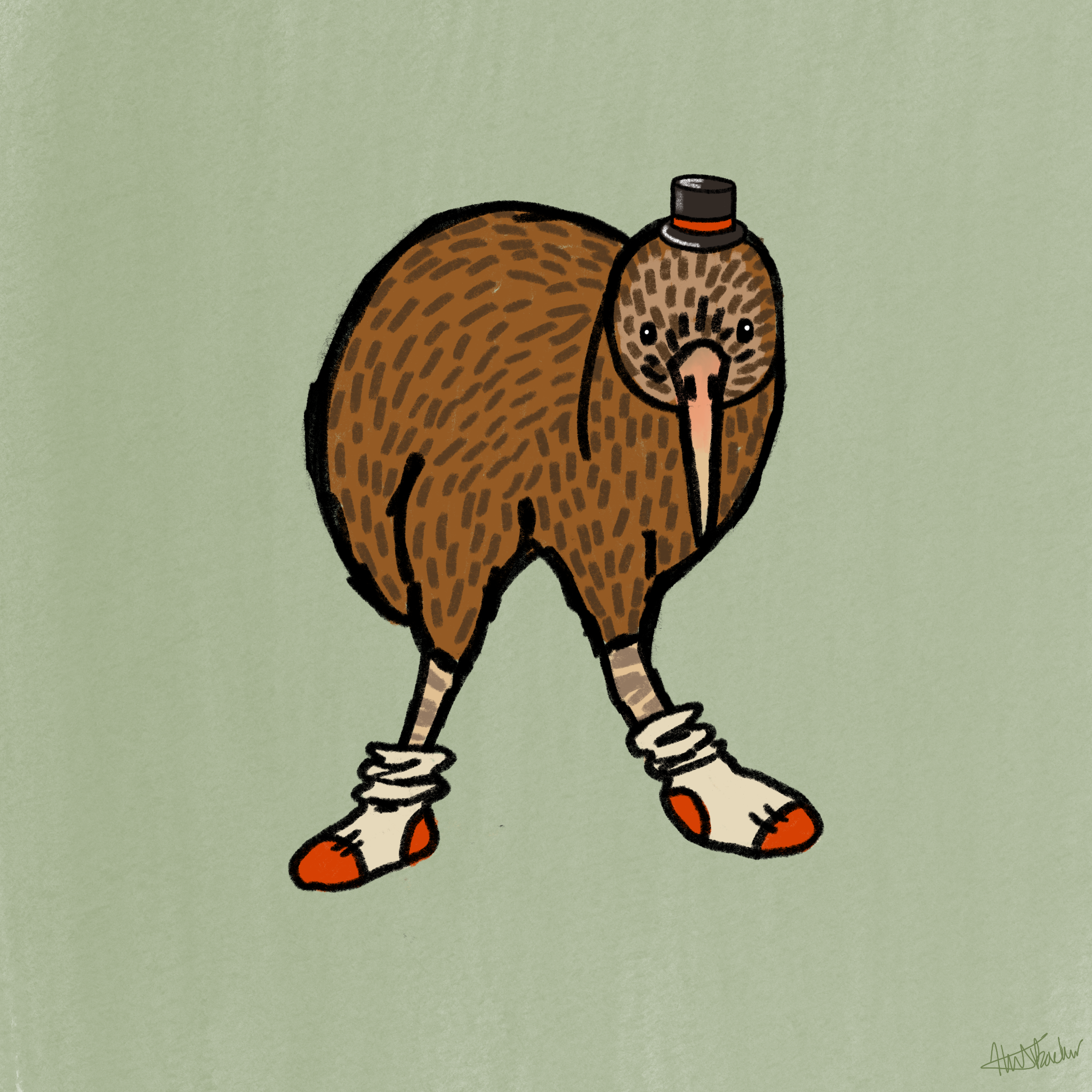 Kiwi was inspired by a friend who asked me to draw a kiwi bird. I was happy with the kiwi as is, but I knew something would make it over the top cute. How I landed on a tiny top hat and oversized socks, I don't entirely know haha. I love this little 
