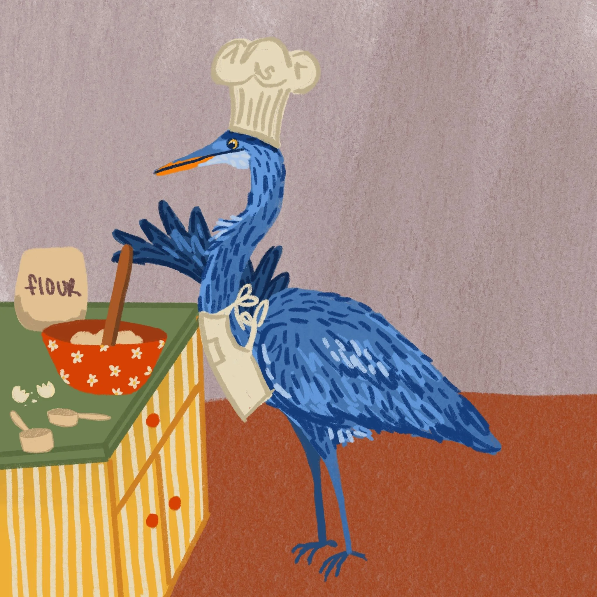 Baking blue heron! This was another idea fed by my beloved husband. He's been on quite the sourdough kick (its not a phase its a lifestyle). I love alliteration and a baking blue heron just gives me joy.