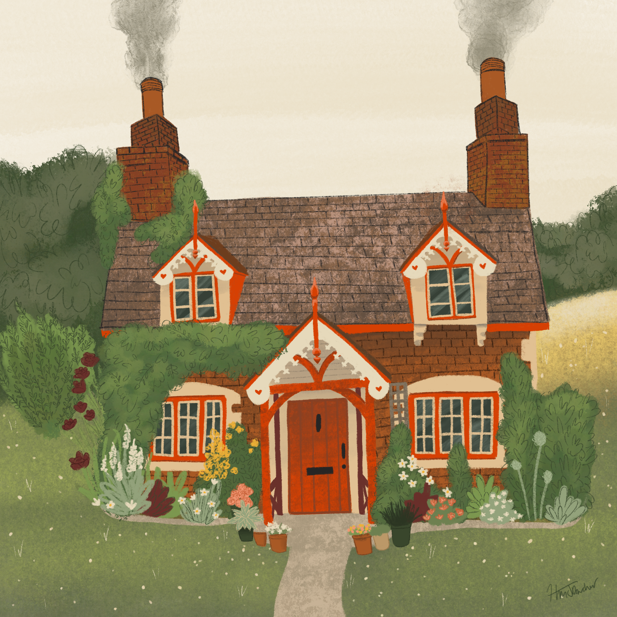 This is based off a real cottage somewhere in England I found online. I couldn't resist the absolute whimsy of the hearts and red trim throughout. It feels like a candy cottage or reminds me of valentines day.