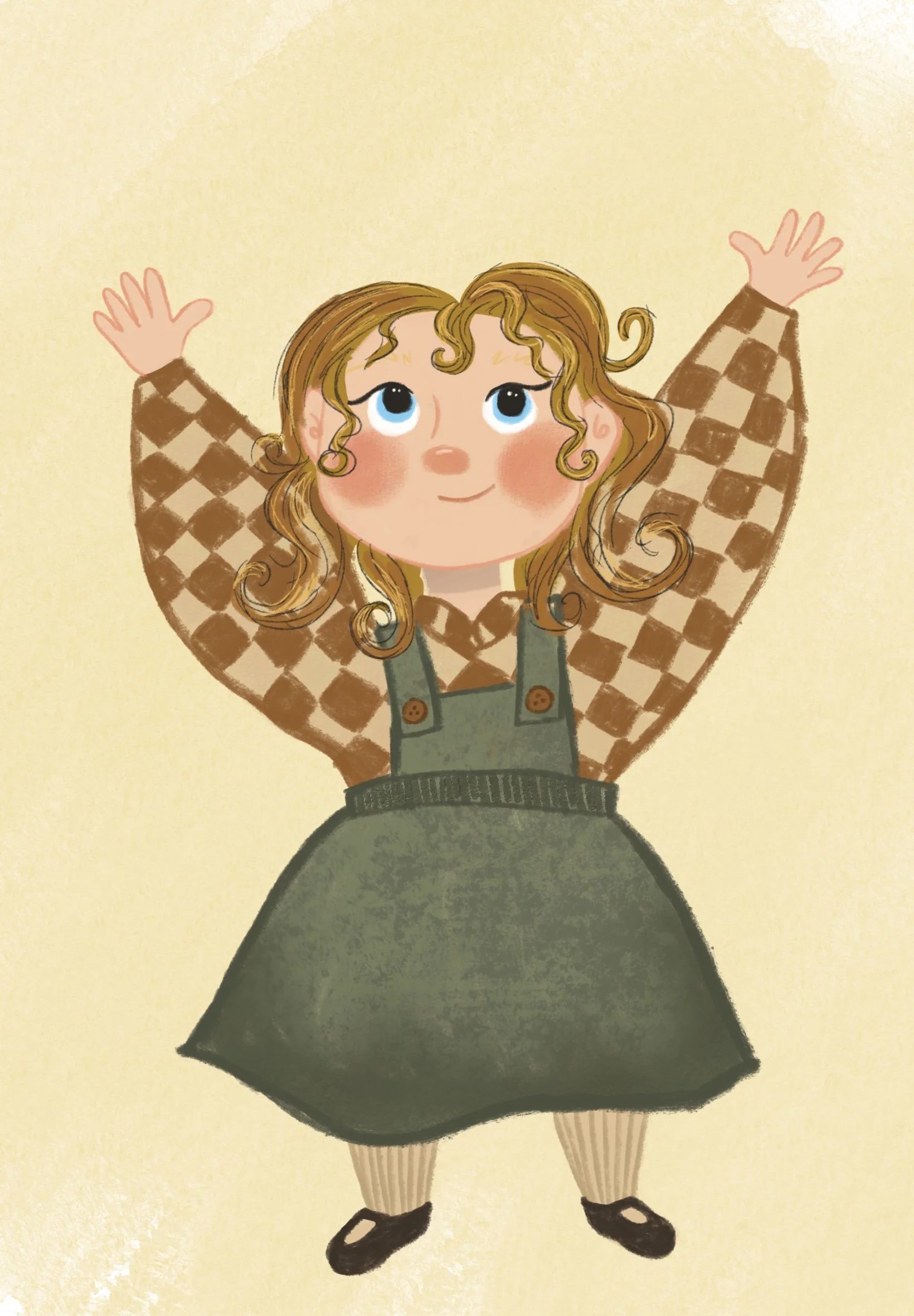 A cartoon girl with curly brown hair and blue eyes, wearing a checkered brown shirt, green overalls, a dark green skirt, striped leggings, and black shoes, with arms raised up.