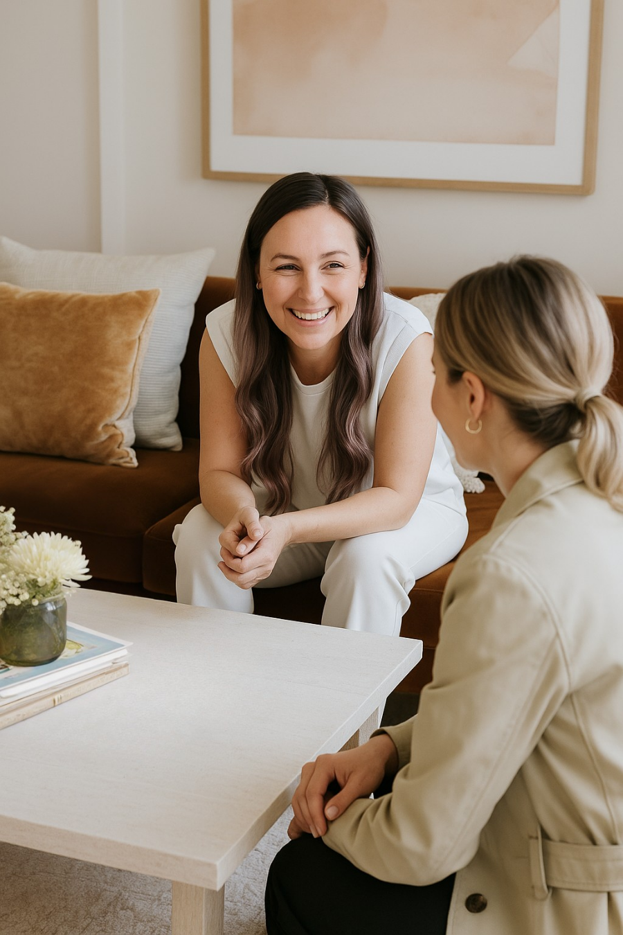 Two women sitting on a couch and talking in a living room, smiling and engaging.