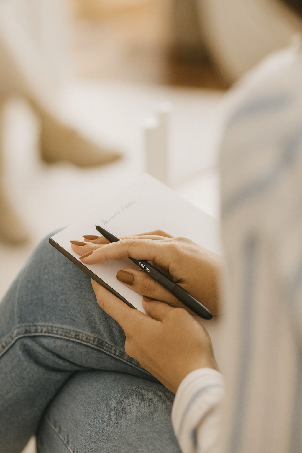 Person sitting and writing on a notepad with a black pen, wearing blue jeans and a light-colored top.