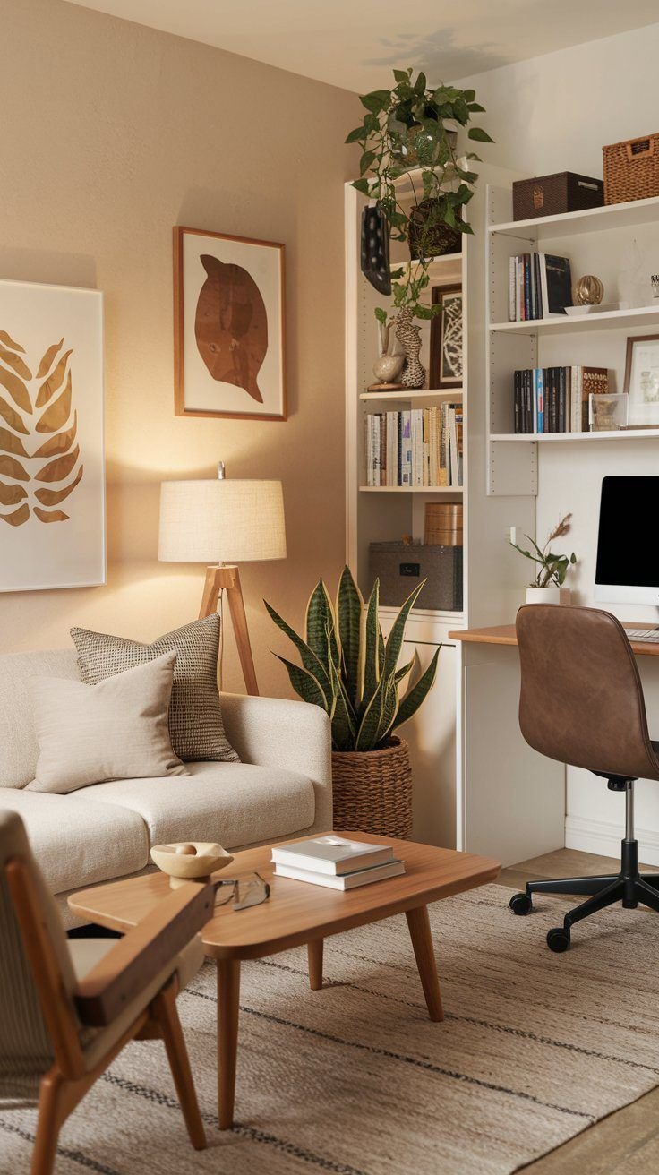 Living room with beige sofa, wooden coffee table, potted snake plant, desk with a computer, bookshelves with books and decorative items, framed artwork, and a tall lamp with a beige shade.