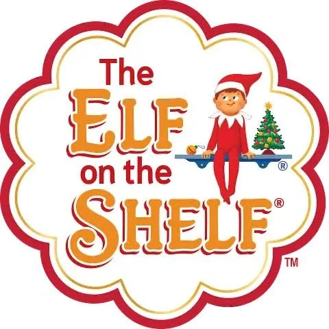 Logo for 'The Elf on the Shelf' featuring an elf sitting on a shelf with a Christmas tree, surrounded by a decorative border.