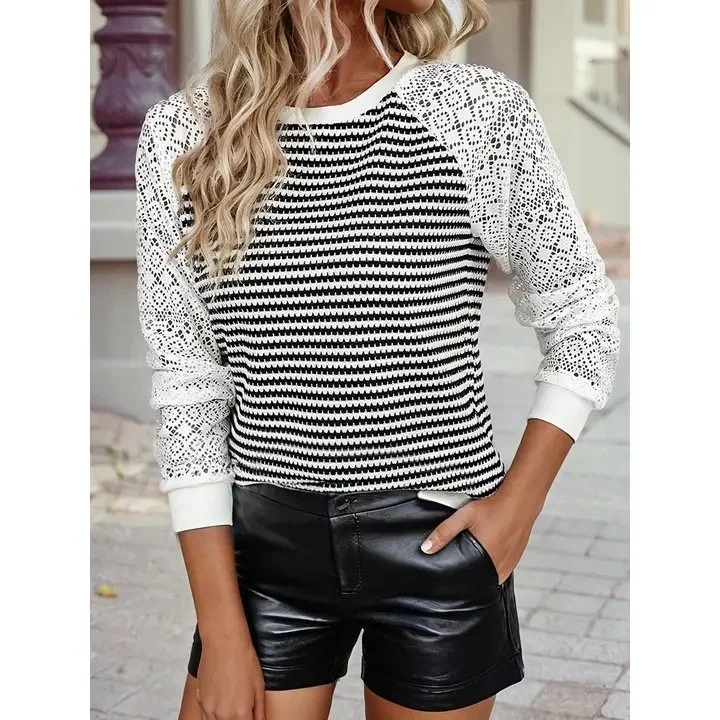 TEXTURED KNIT CONTRAST HOLLOWED LACE LONGSLEEVE