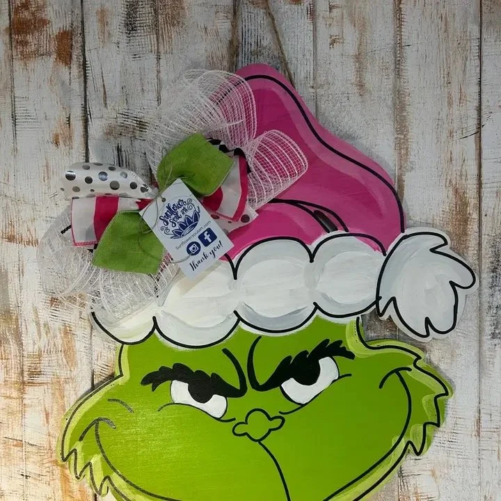 Christmas “Monster” with Pink Santa Hat, Door Hanger