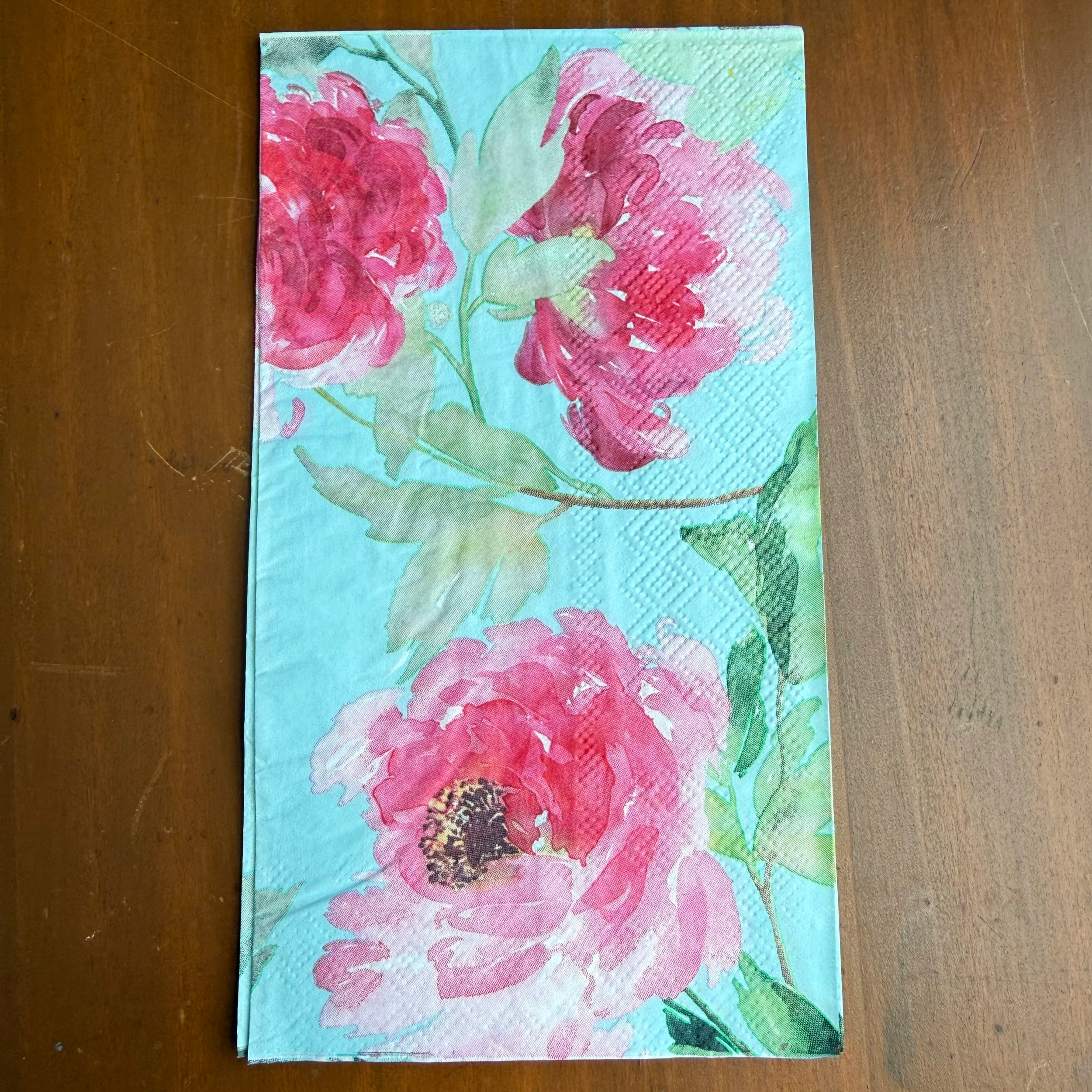 Pink Peonies Aqua Background Dinner Napkin