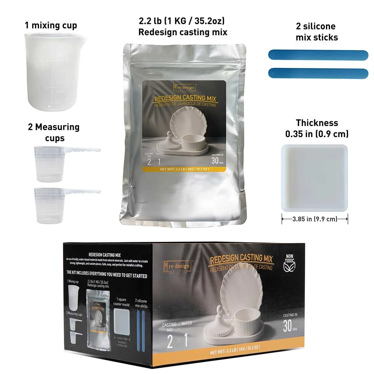Redesign Casting Mix Kit - 1 bag of mix (2.2 lbs) + 1 silicone mixing cup + 2 plastic measuring cups + 1 silicone square coaster mould + 2 silicone mixing sticks