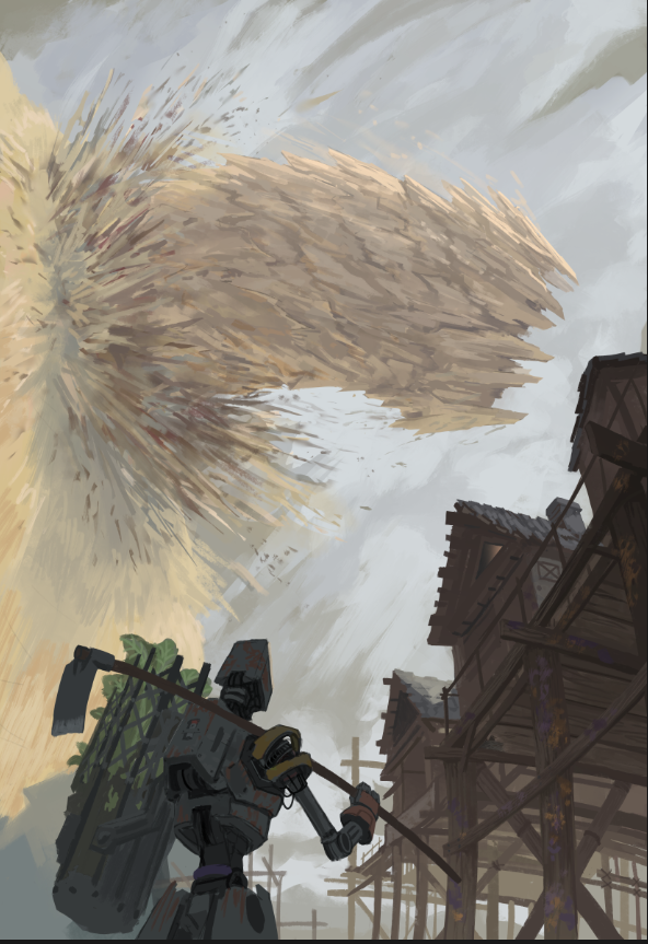 This is an unfinished rendition of the chapter 12 art piece for the science fantasy action novel series, Sons of Scrapyard, by Cameron Lisama. Titled Wyrmcaller. Digitally painted by Nolan Lu, Nolan 192, Billowypillow.
