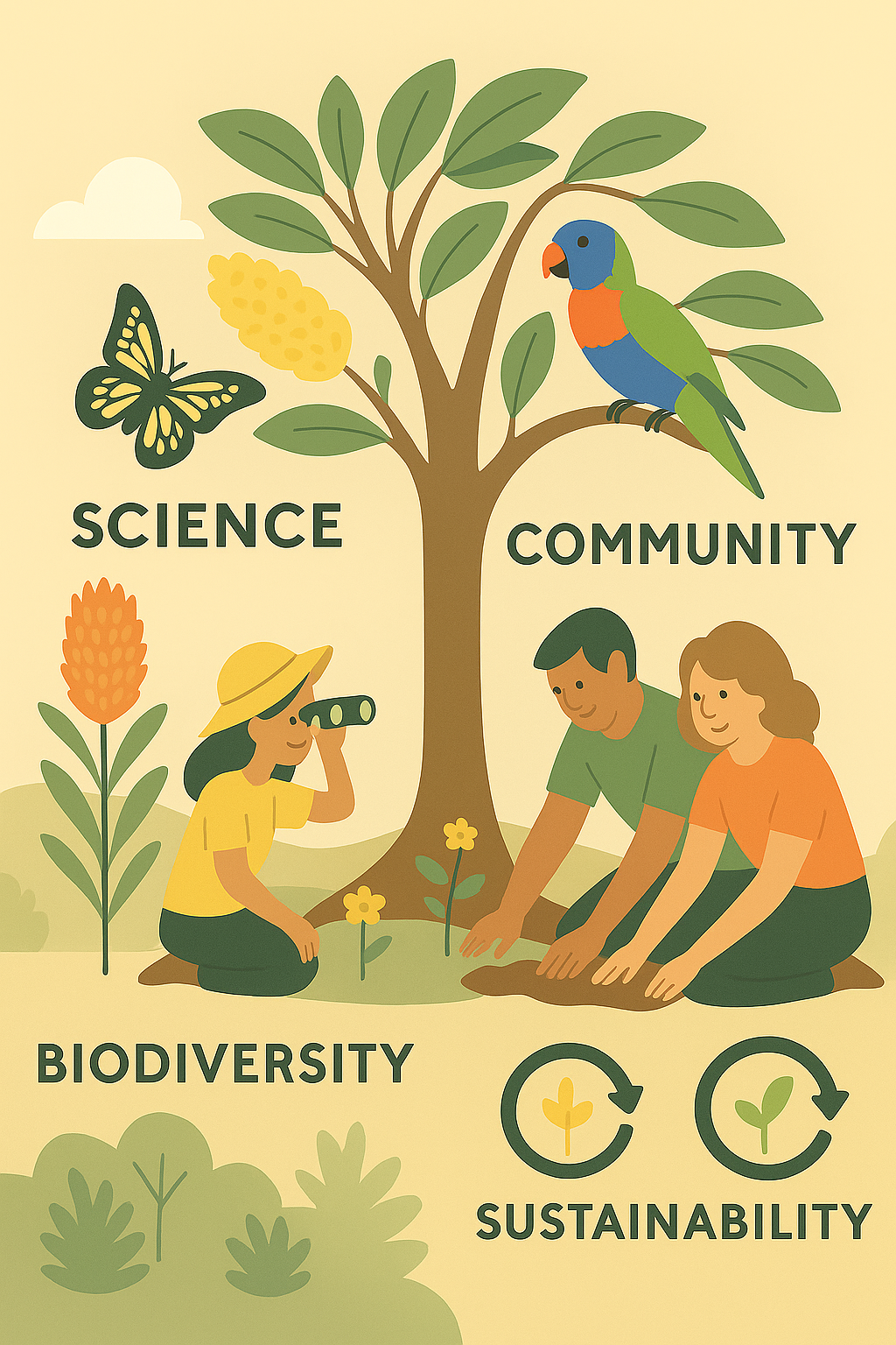 An illustration of a tree with people planting and observing, a butterfly, a colorful bird, and various plants. Text reads 'Science Community Biodiversity Sustainability'.
