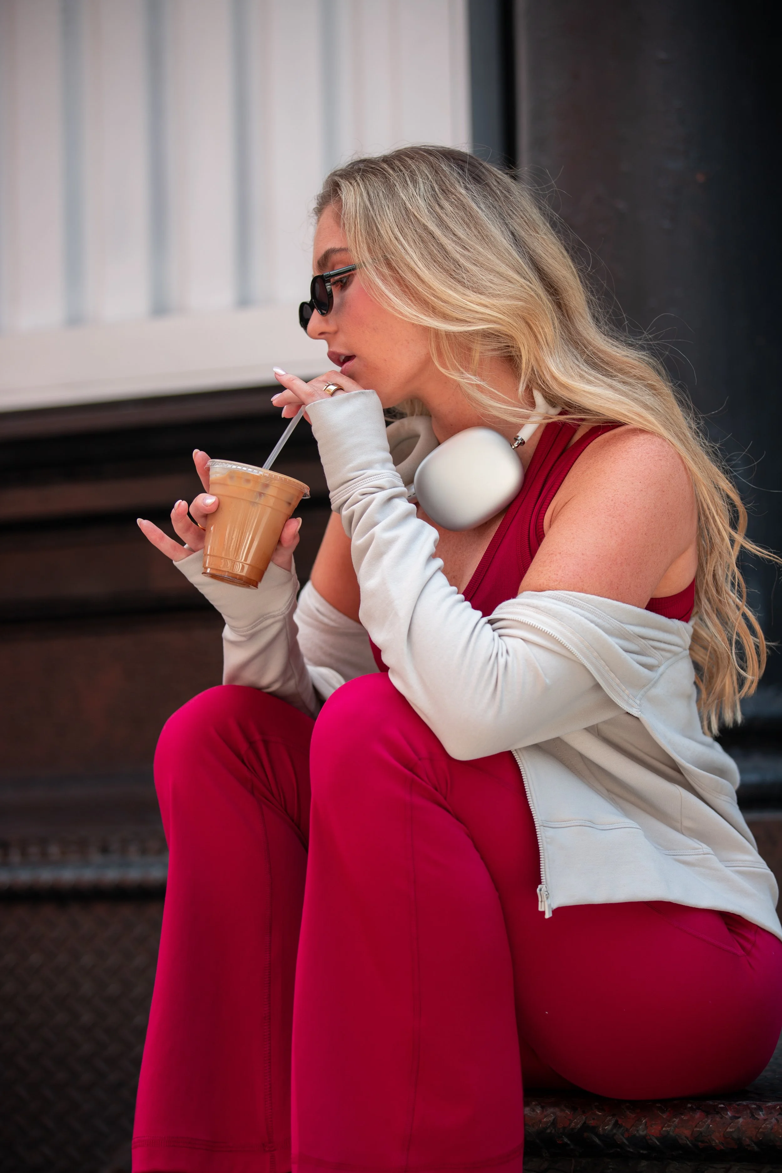 Outdoor lifestyle photoshoot for 90 Degree By Reflex with product placement from Blue Dove Coffee