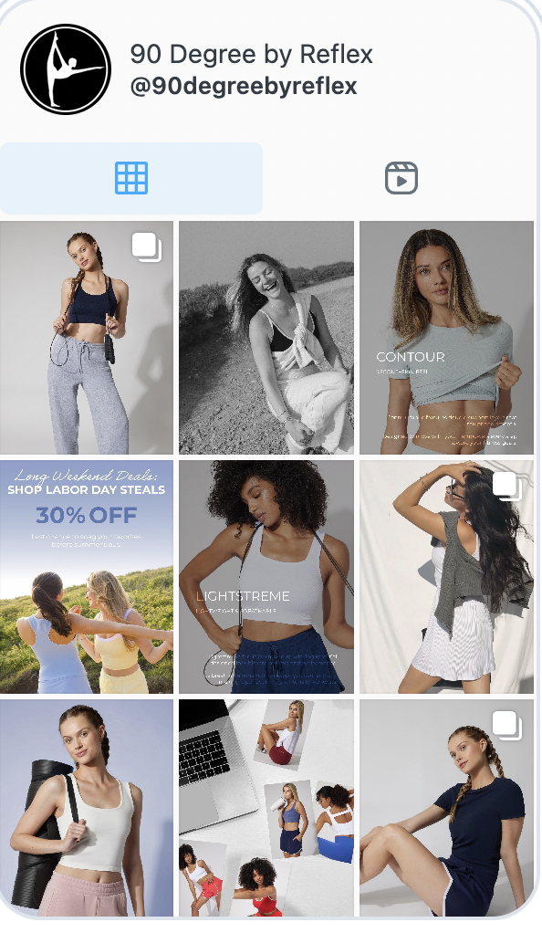 A grid of nine images showing women in athletic and casual wear, with promotional advertisements for discounts and clothing brands.