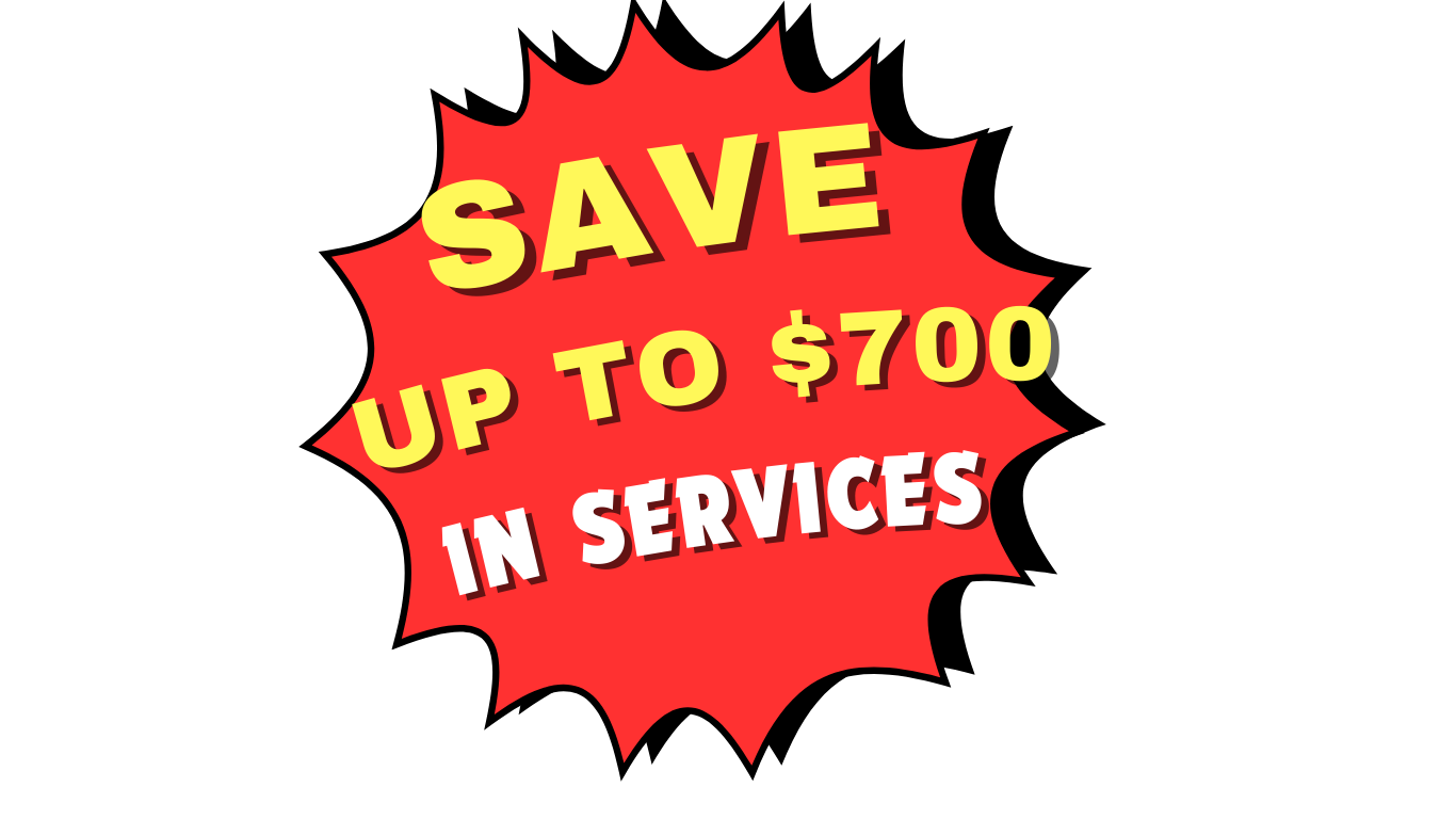 Red burst graphic with yellow and white text advertising saving up to 700 dollars on services.
