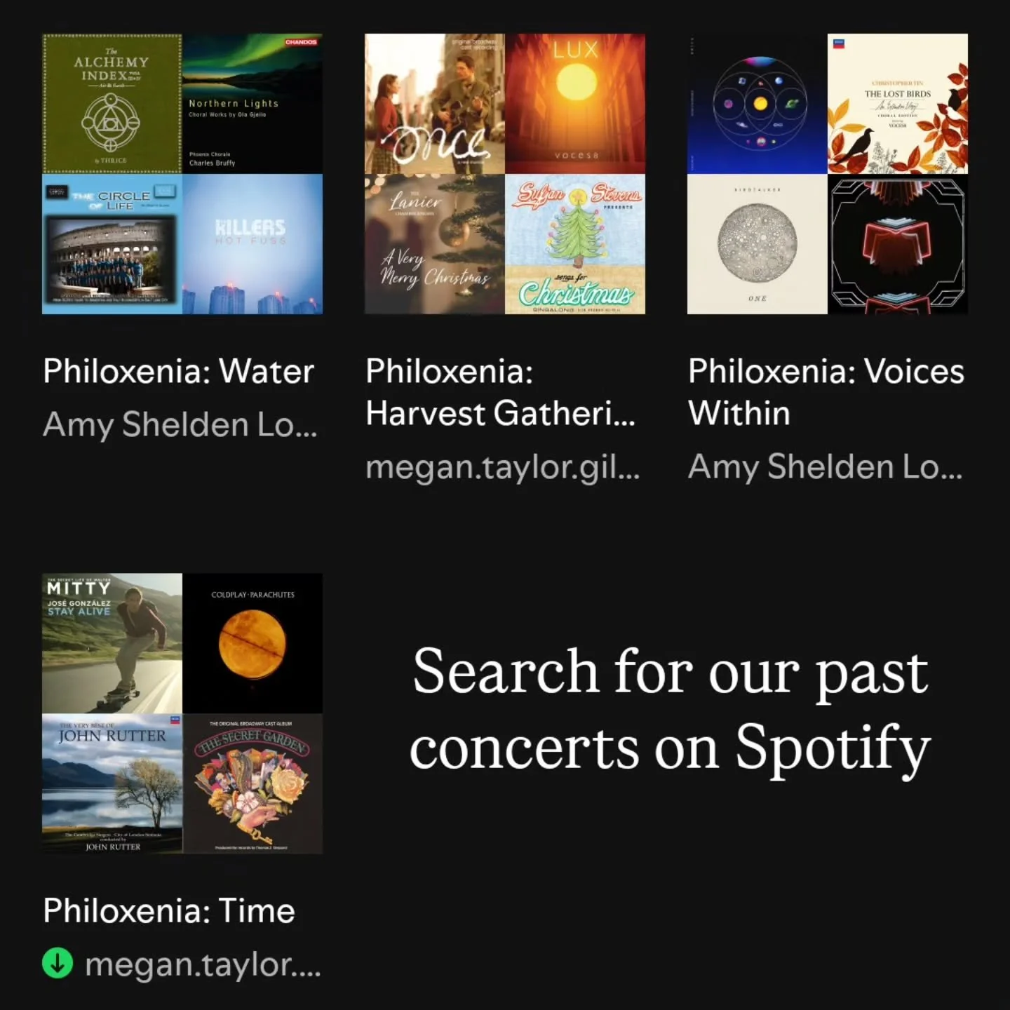 Did you know you can listen to our past concert selections on Spotify? Try it out! And tell us what songs you want to hear next!