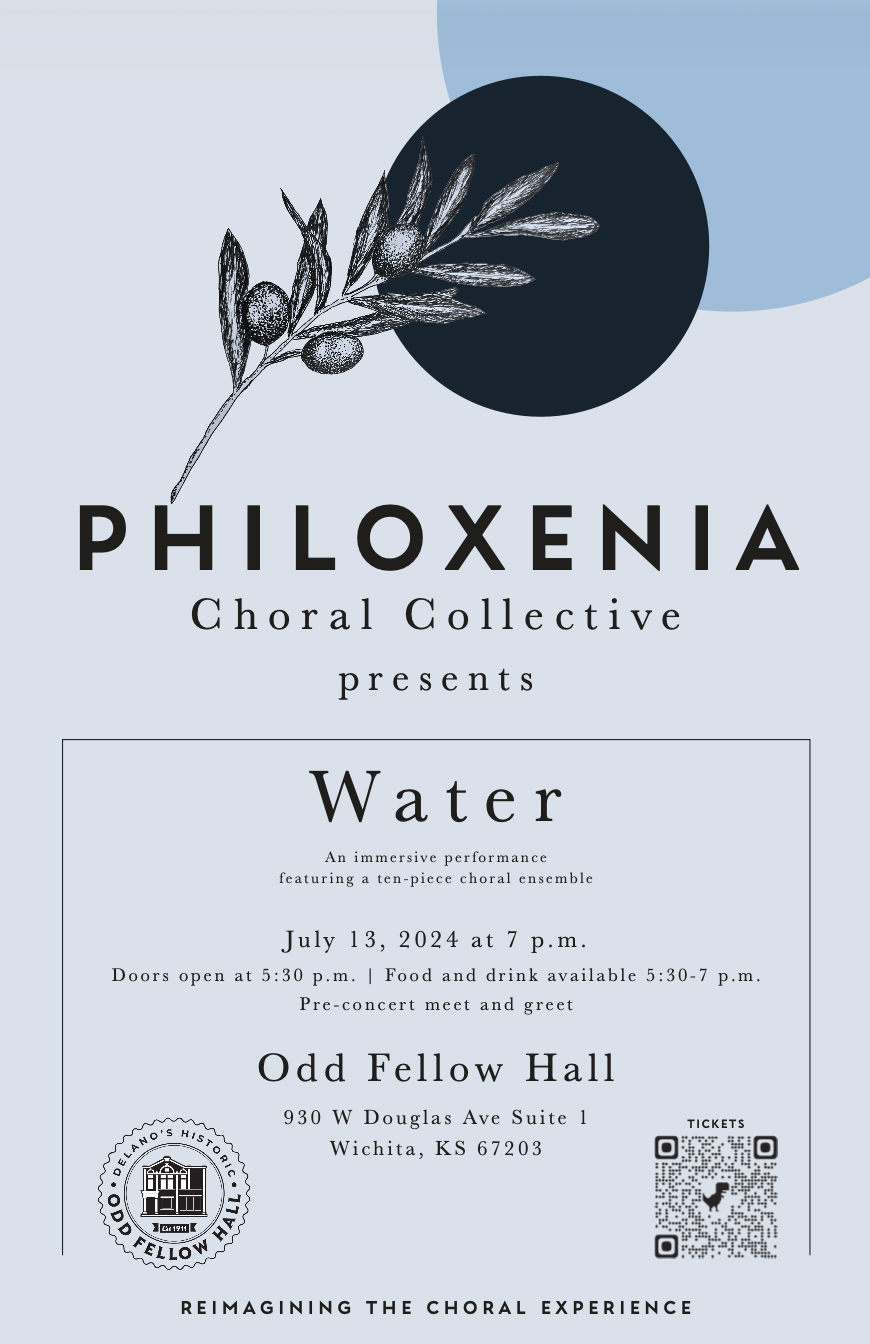 A promotional poster for a choral concert titled 'Water' by Philoxenia Choral Collective, featuring dark-colored text on a light blue background with a black and white botanical illustration of an olive branch, and circles in shades of blue in the background.