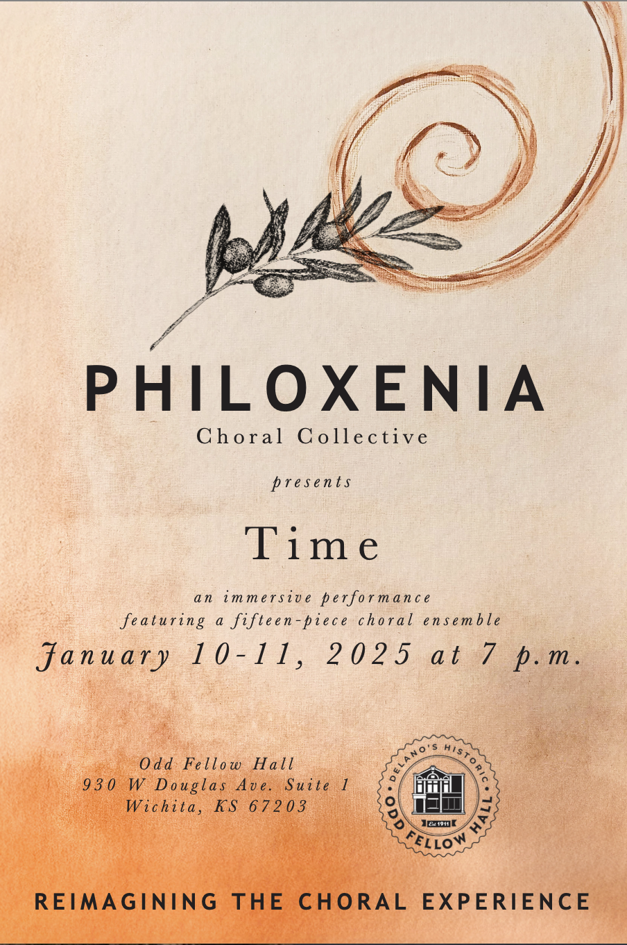 Concert poster for Philoxenia Choral Collective's performance titled 'Time' on January 10-11, 2025 at 7 p.m. at Odd Fellow Hall, Wichita, Kansas. Features an illustration of a vine with olives and a spiral pathway design.