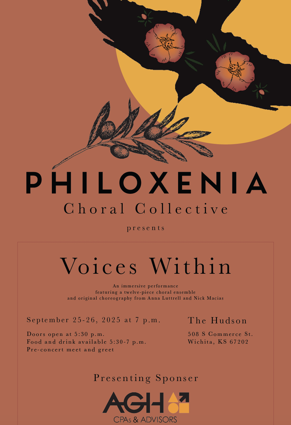 Event poster for Philoxenia Choral Collective's performance titled "Voices Within" on September 25-26, 2025, at 7 p.m. at The Hudson, Wichita, Kansas, featuring a choral ensemble and choreography. The poster has an illustration of a black bird with pink flowers and a moon in the background, with a branch with olives and leaves.