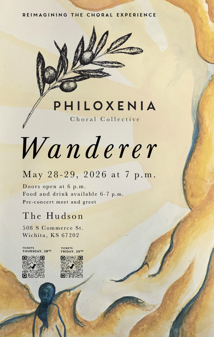Event flyer for Philoxenia, a choral concert by the Choral Collective Wanderer, scheduled for May 28-29, 2026 at The Hudson in Wichita, Kansas. The flyer includes artistic watercolor illustrations of a person and a branch with olives, as well as QR codes for tickets.