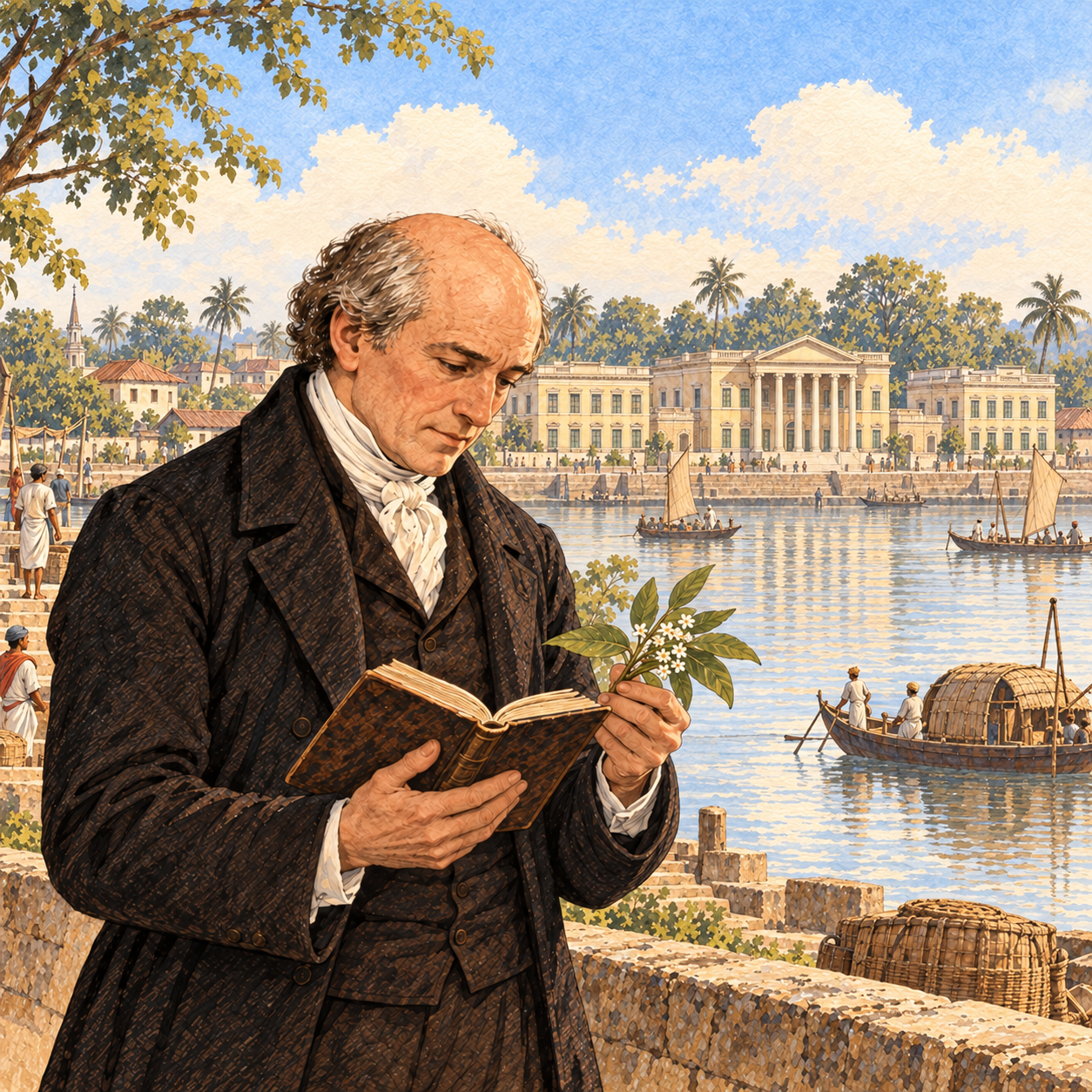 William Carey studying a book and flowering branch beside the Hooghly, with Serampore College behind him, informed by an 1827 plan and elevations.