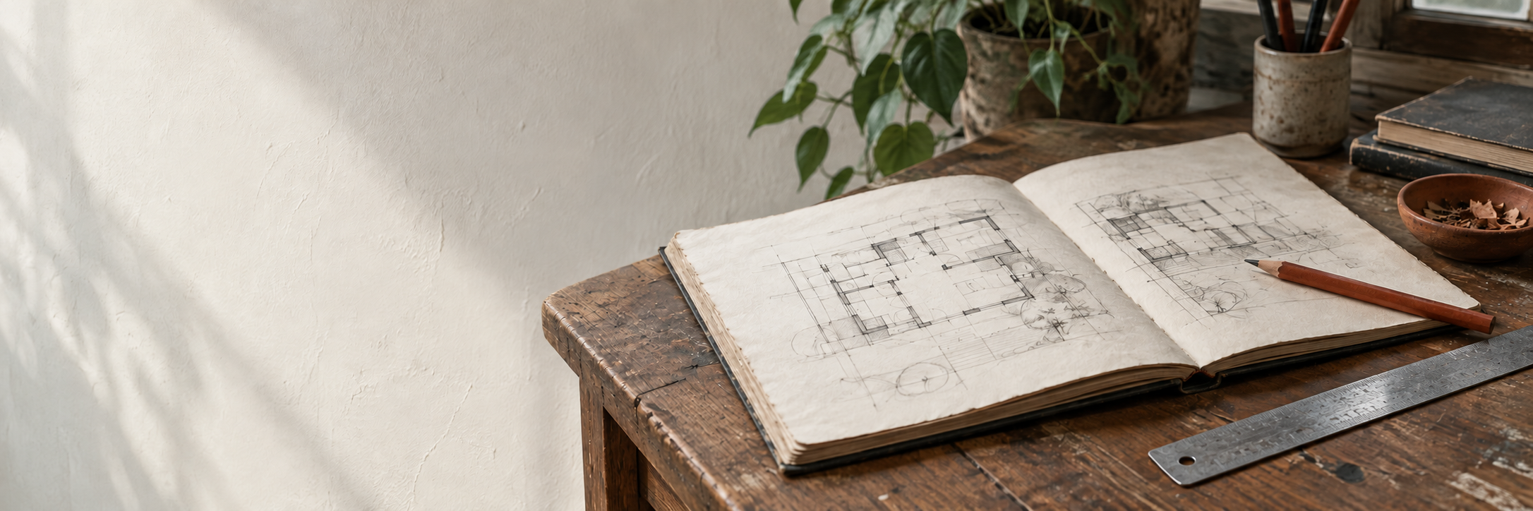 An architectural sketchbook, pencil, and metal ruler on a wooden workbench.