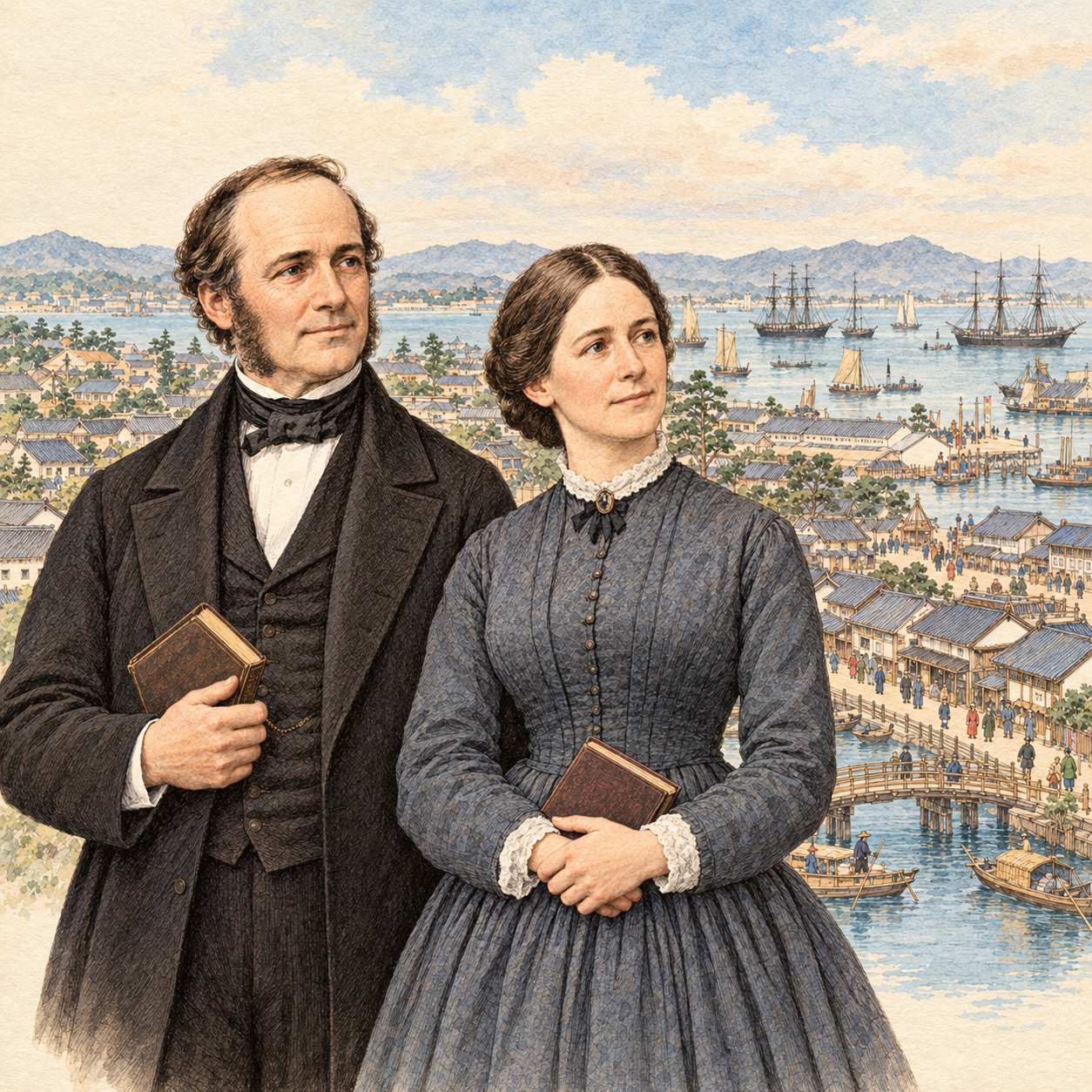 James and Clara Hepburn holding books before an imagined nineteenth-century Yokohama harbour, informed by Utagawa Sadahide’s 1861 panoramic woodblock print.