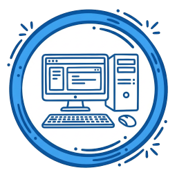 Icon of a computer setup with a monitor, keyboard, and mouse inside a blue circular outline.