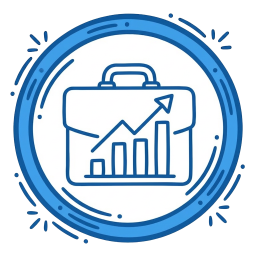 Icon of a briefcase with an upward trending line graph and bar chart inside, symbolizing business growth or financial success.