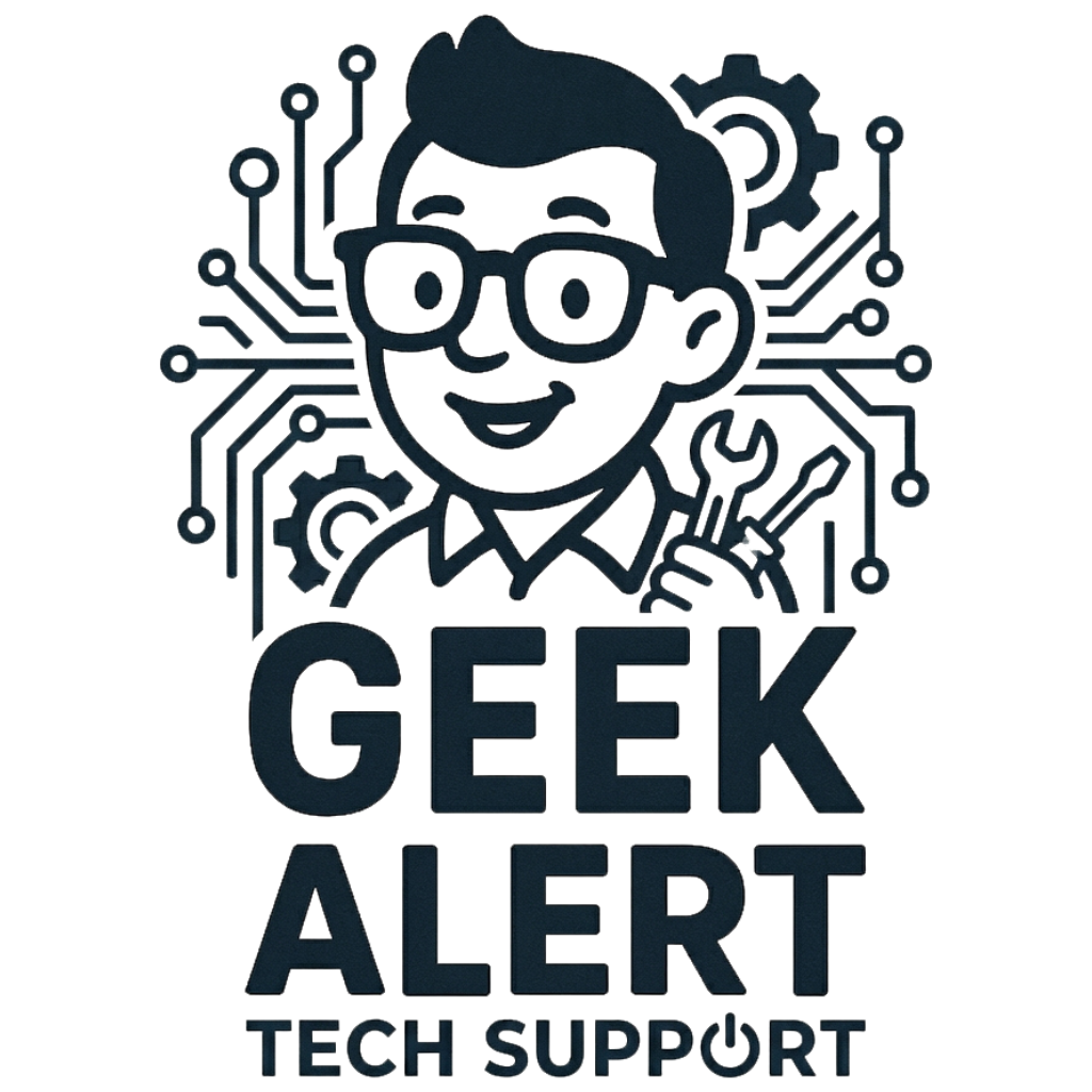 A digital illustration of a person with glasses, a head of hair, and a smile, outlined in black over a circuit board pattern. The text reads "GEEK ALERT TECH SUPPORT".
