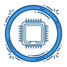 Illustration of a microchip or computer processor with a circular blue background.