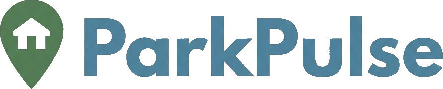 ParkPulse logo with green location marker and white arrow icon.  Icon for ParkPulse AI.  A tool for REVinternet