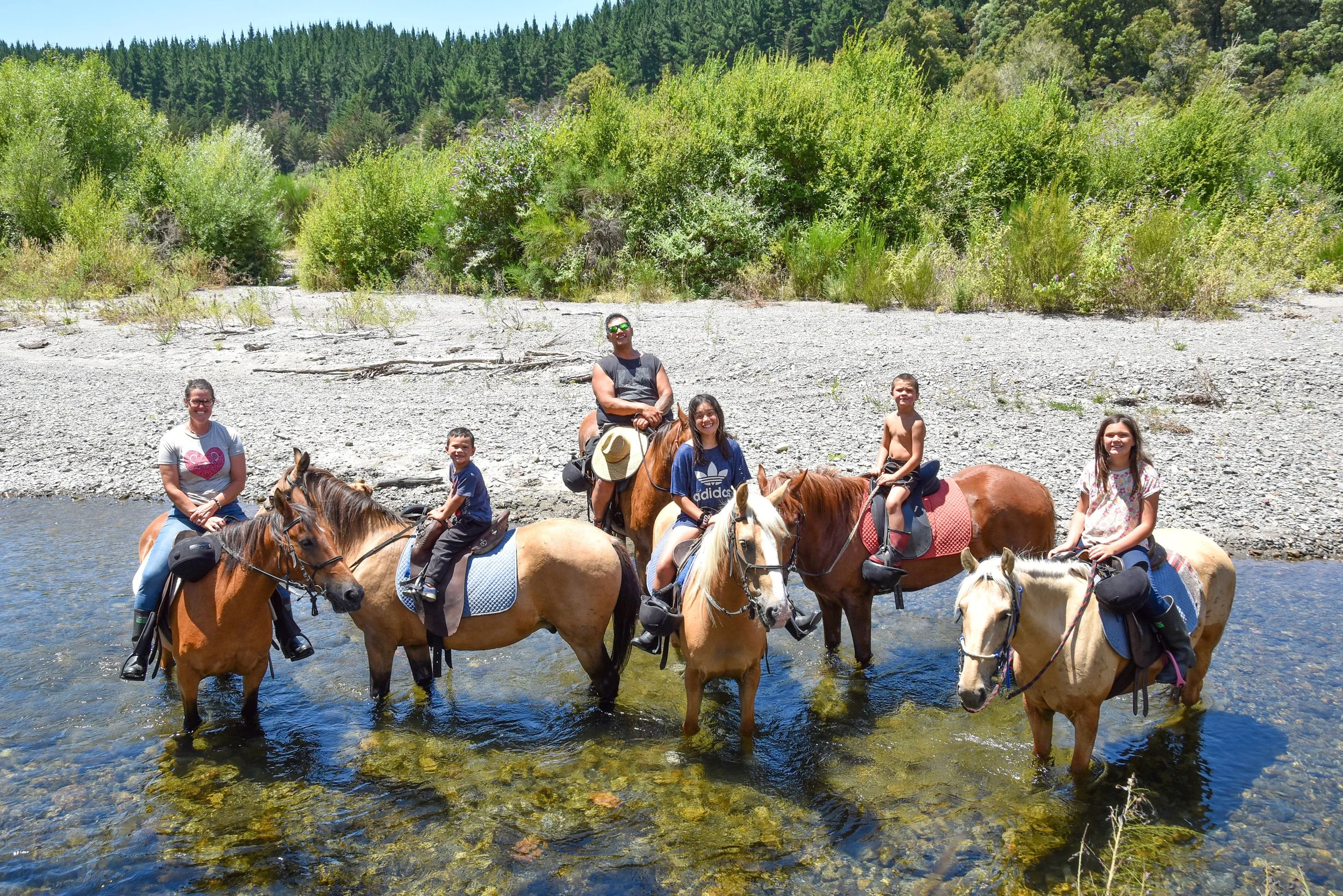 A group of six people riding horses across a shallow river, with a backdrop of green trees and mountains on a sunny day.
