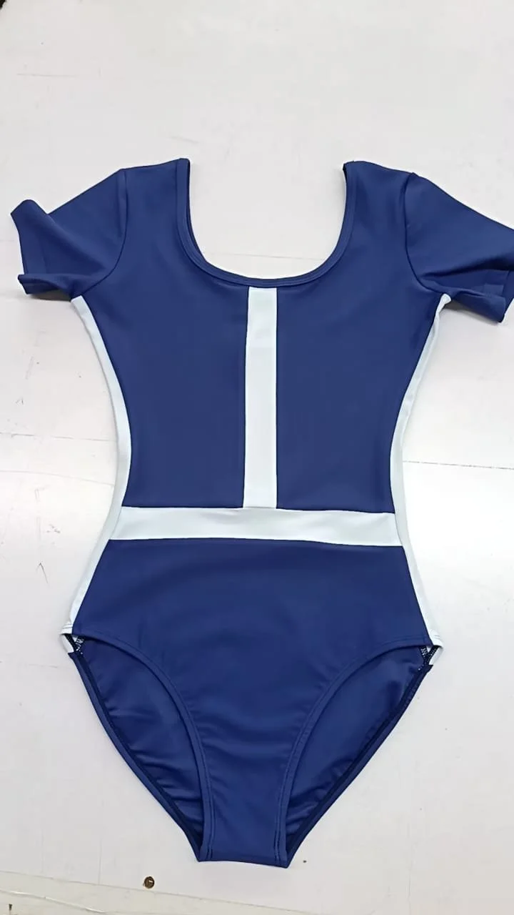 A blue one-piece swimsuit with white vertical and horizontal stripe accents.