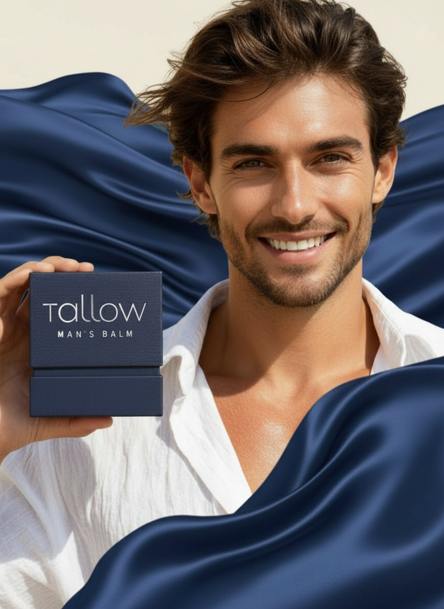 A man with brown hair and a white shirt smiling while holding a navy blue box with the label 'Tallow MAN'S BALM'.
