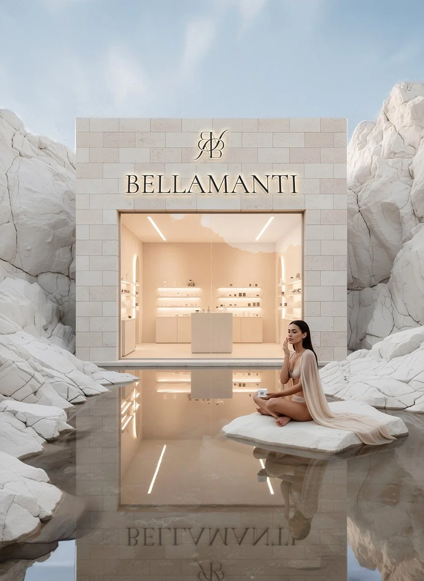 A woman sitting cross-legged on a rock in front of a modern jewelry store named Bellamanti, with white rocks and a reflecting pool surrounding her, and a minimalist interior visible through large glass windows.
