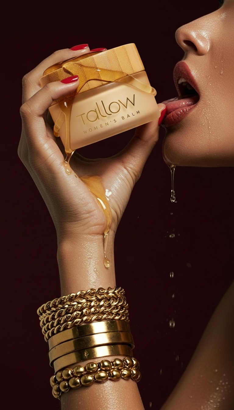 A woman with red painted nails and gold bracelets holds a jar of Tallow WOMEN'S BALM near her open mouth, with some balm spilling onto her hand, in a close-up against a dark background.