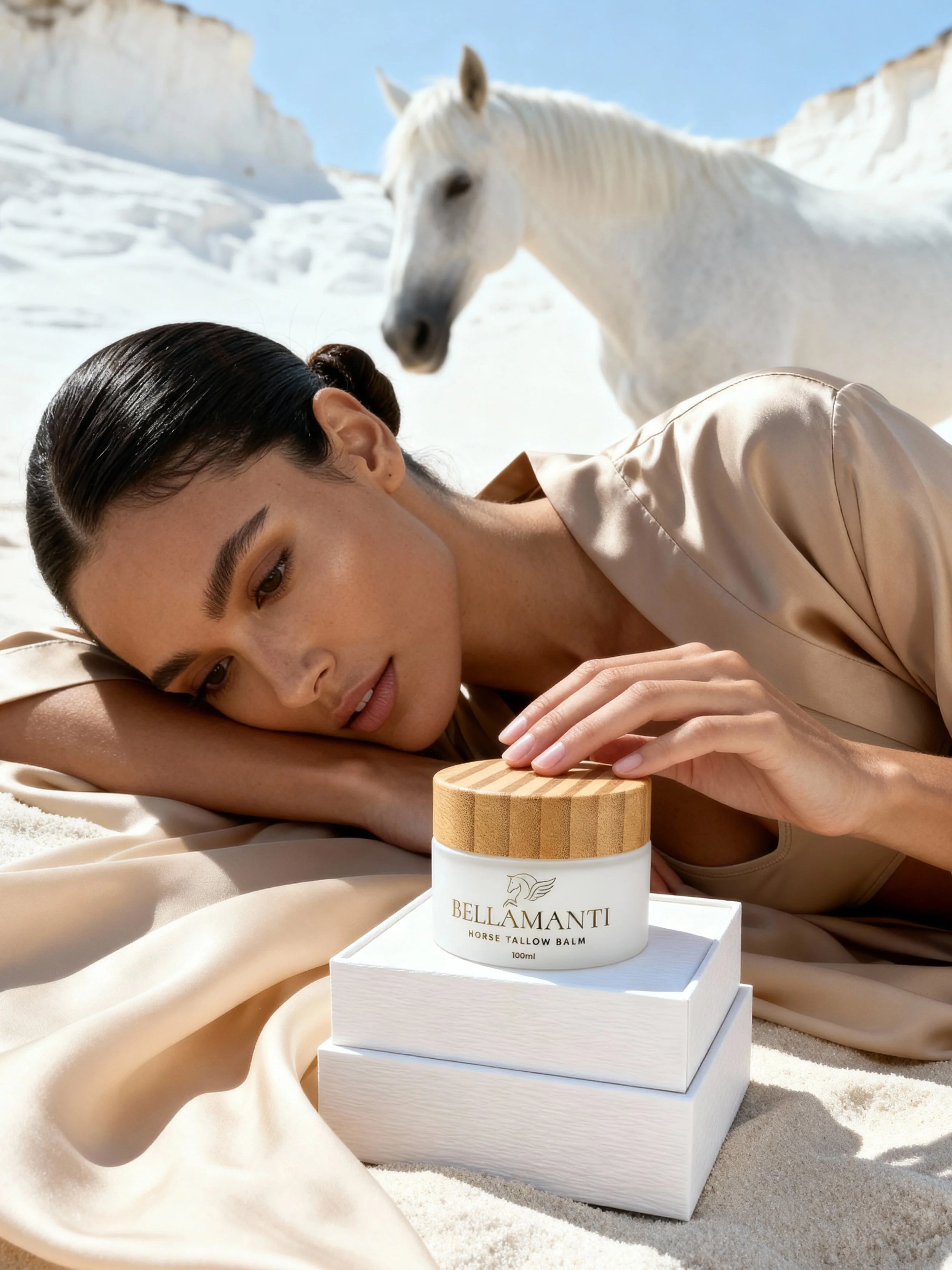A woman resting her head on her arm on a sandy surface, with a horse tallow balm container in front of her and a white horse in the background.