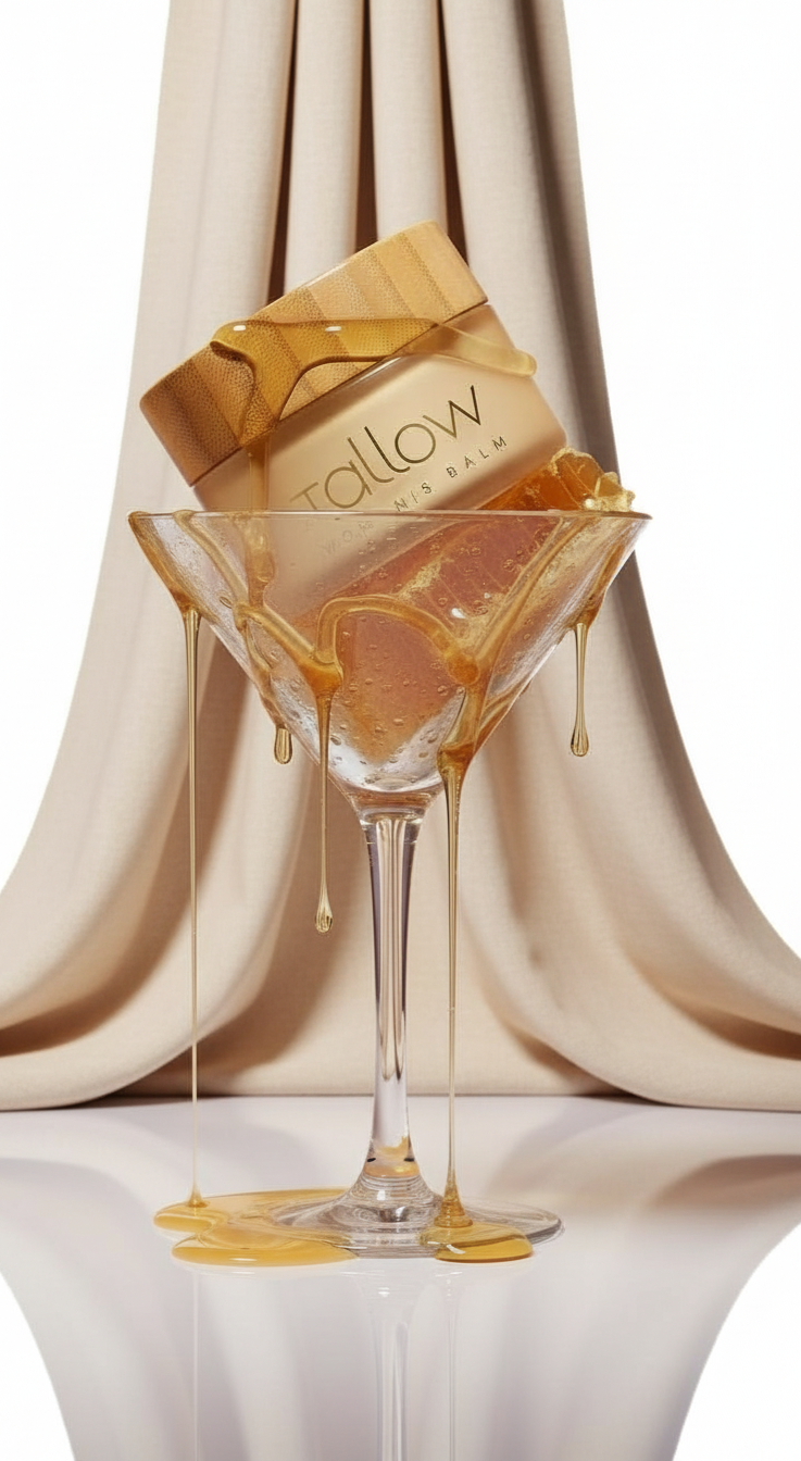 Lip balm jar labeled 'Tallow' in a melting gold-colored liquid inside a martini glass, with a backdrop of beige curtains.