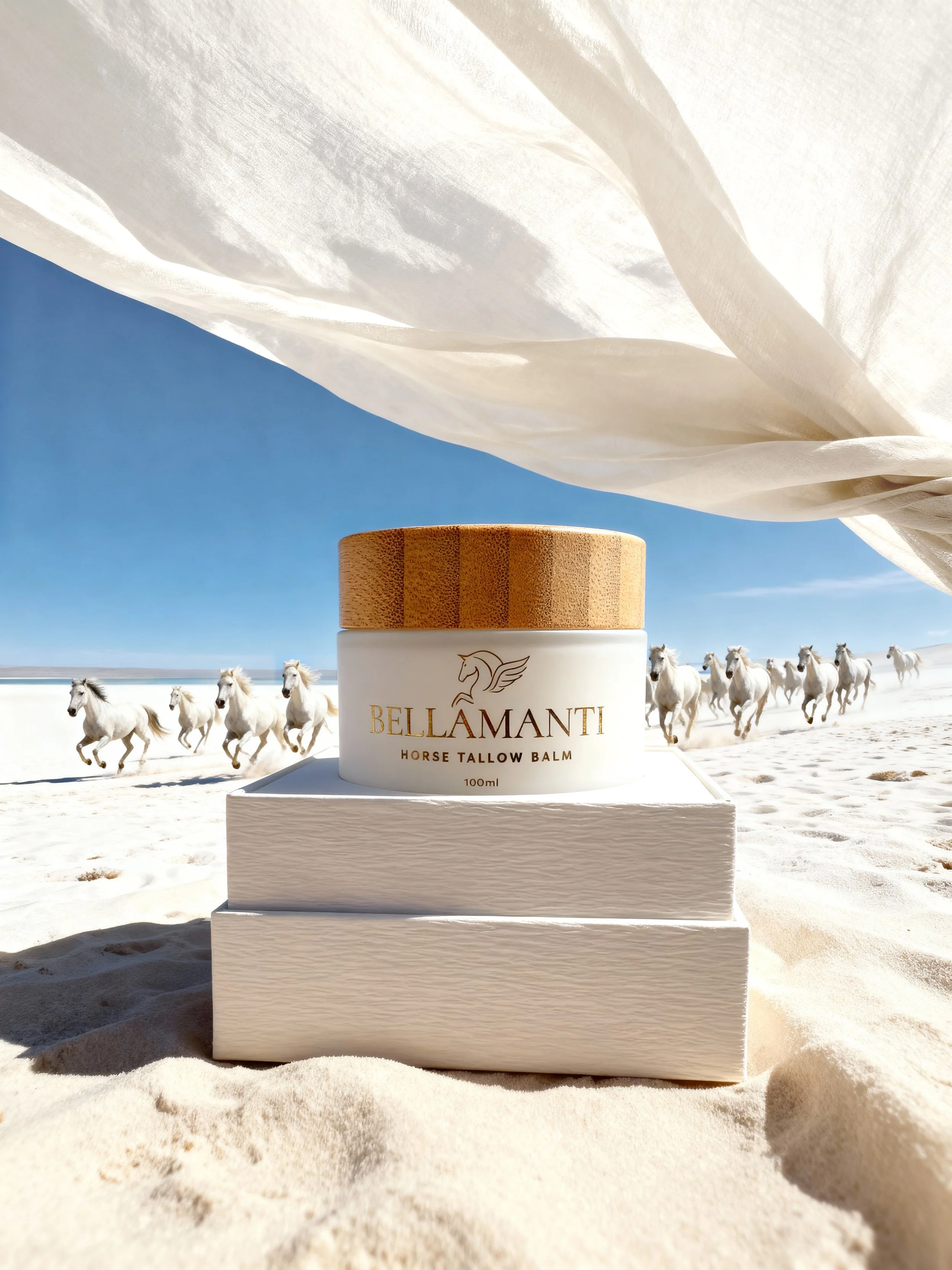 A jar of Bellamanti Horse Tallow Balm placed on a white wooden block on a sandy beach with white horses running in the background under a blue sky.