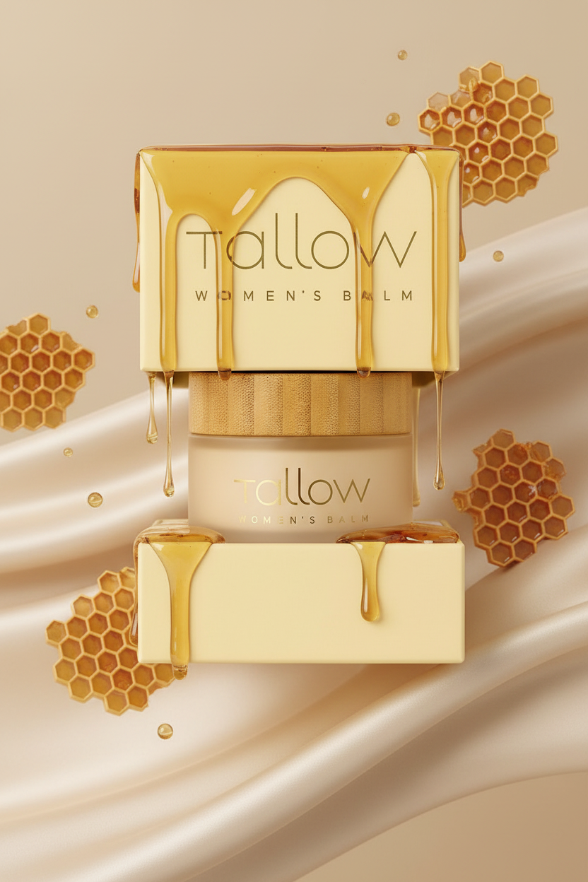 Stacked boxes of Tallow Women's Balm with honeycomb and honey drips, on a silky fabric background.