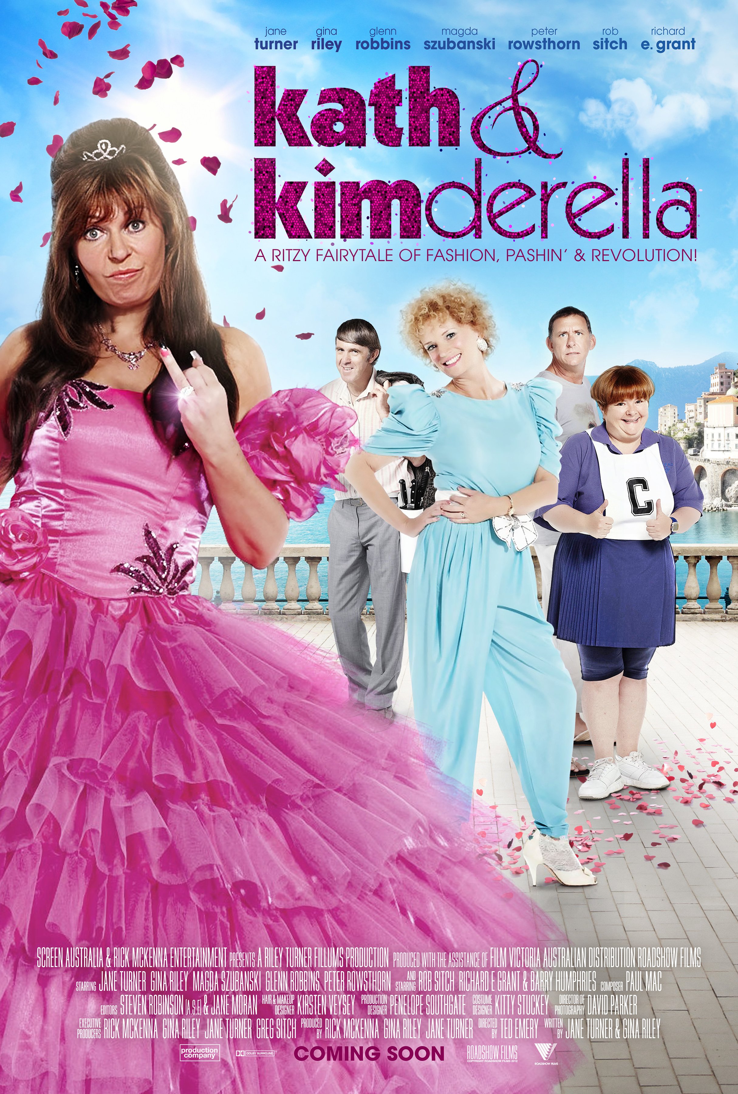 Key art photography for Kath & Kimderella, the Australian comedy telemovie based on the iconic Kath & Kim franchise. Promotional campaign imagery featuring Jane Turner, Gina Riley, Magda Szubanski and Glenn Robbins.