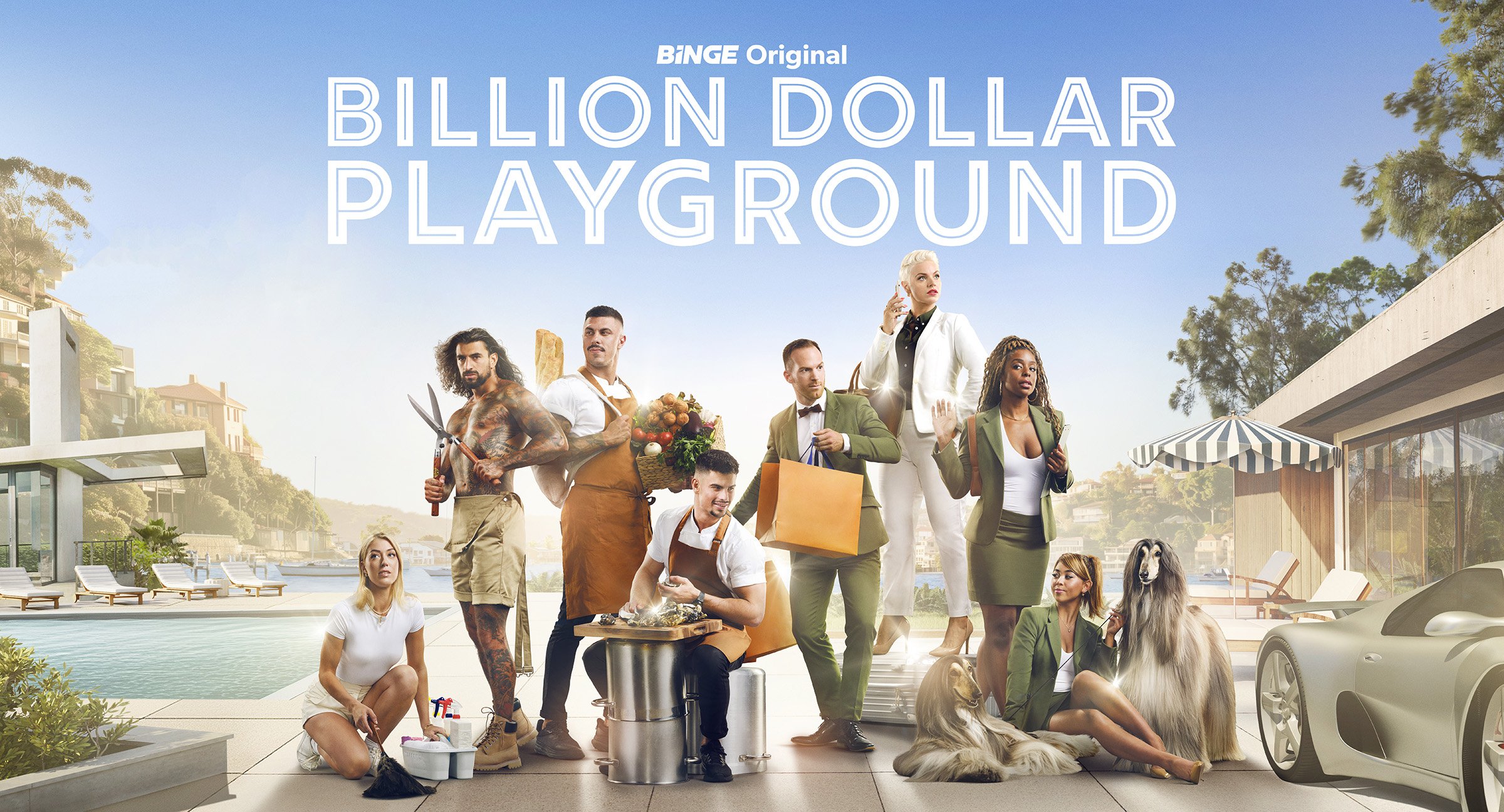Key art photography for Billion Dollar Playground, the Binge original luxury lifestyle reality series. Promotional campaign imagery capturing the high-end hospitality and elite clientele.