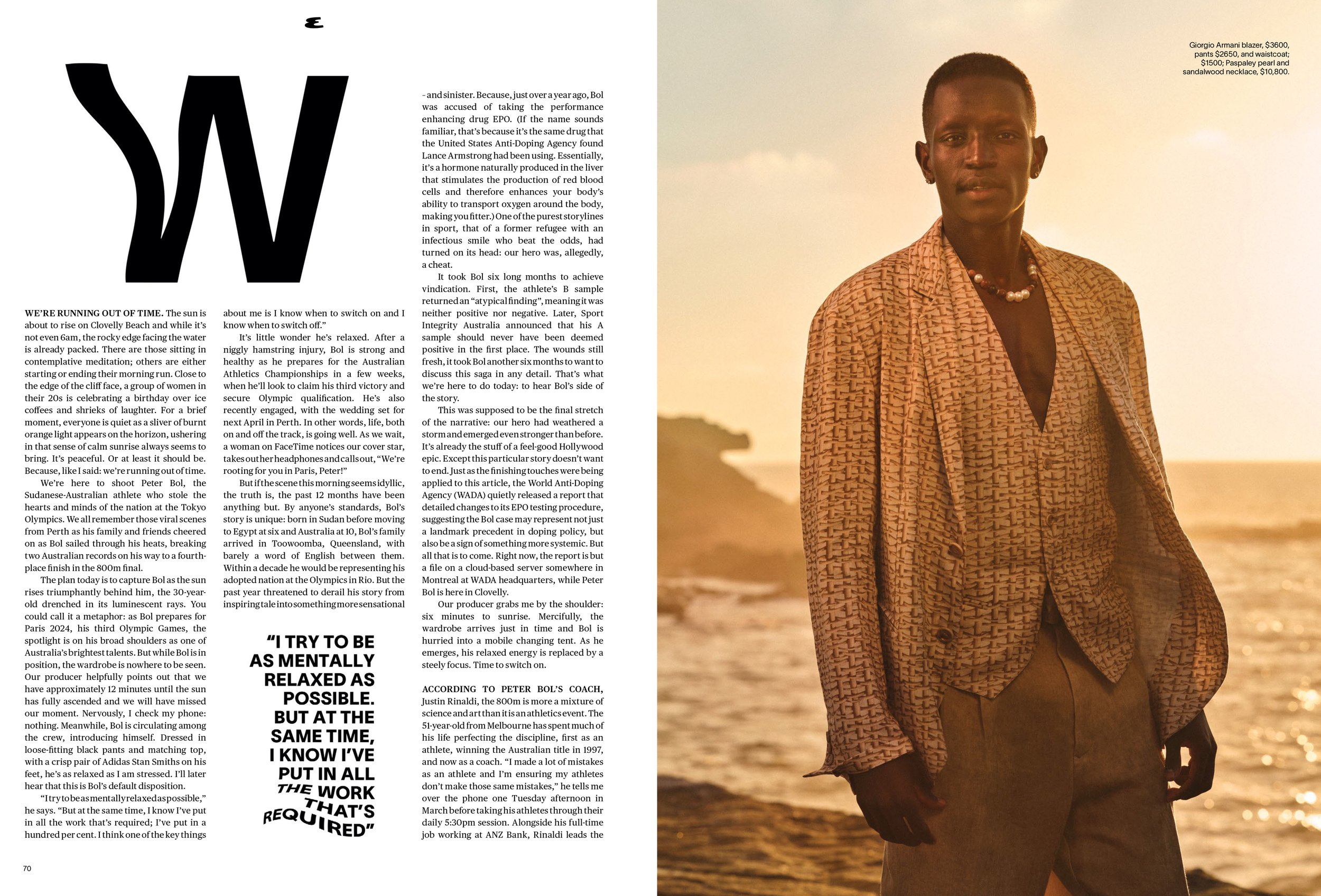 Olympian Peter Bol photographed for Esquire Magazine, location portrait at sunset featuring Armani.