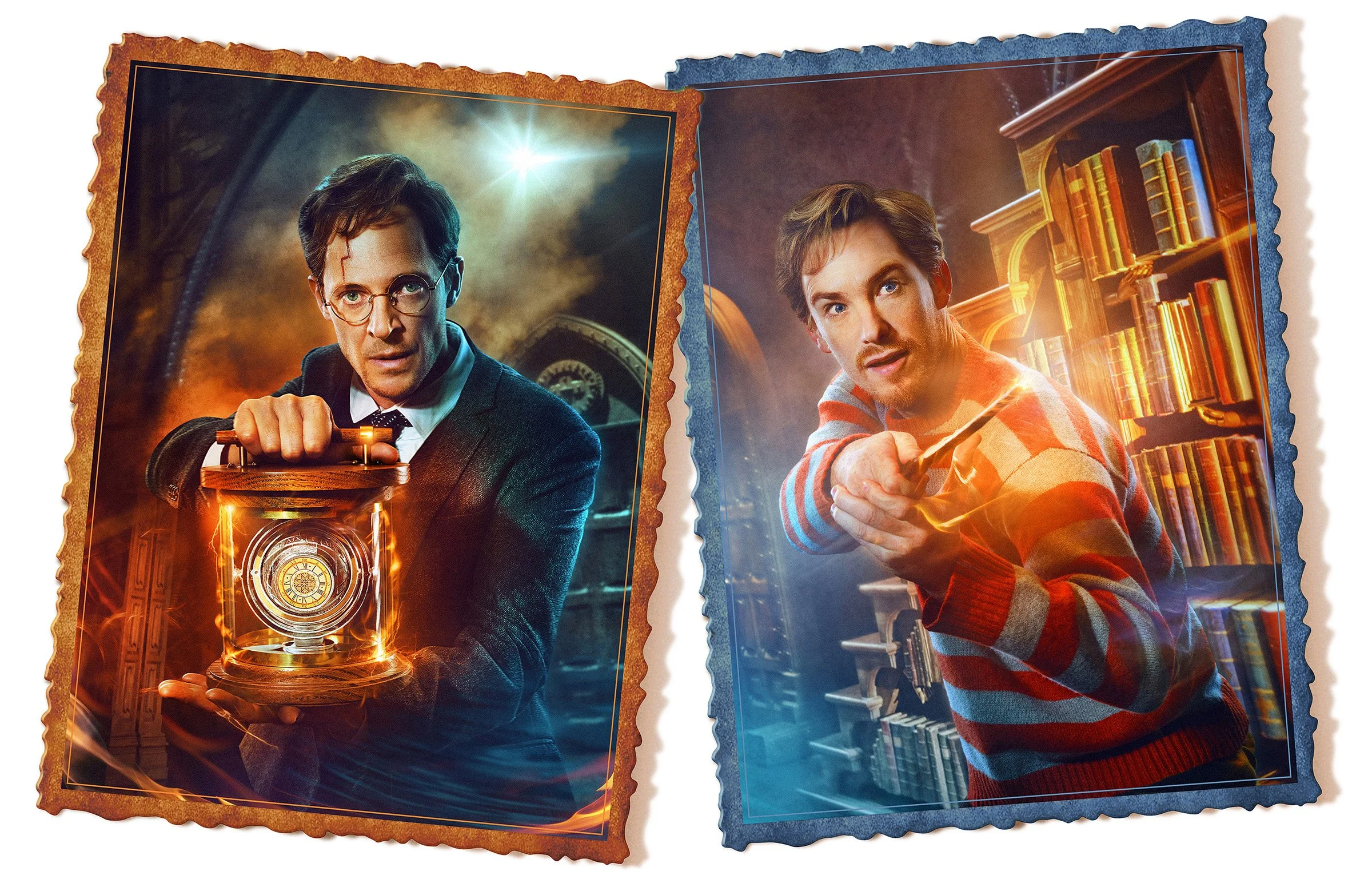 Character key art portrait of Gareth Reeves as Harry Potter and Gyton Grantley as Ron Weasley for Harry Potter and the Cursed Child Australia. Promotional theatre imagery for the award-winning production.