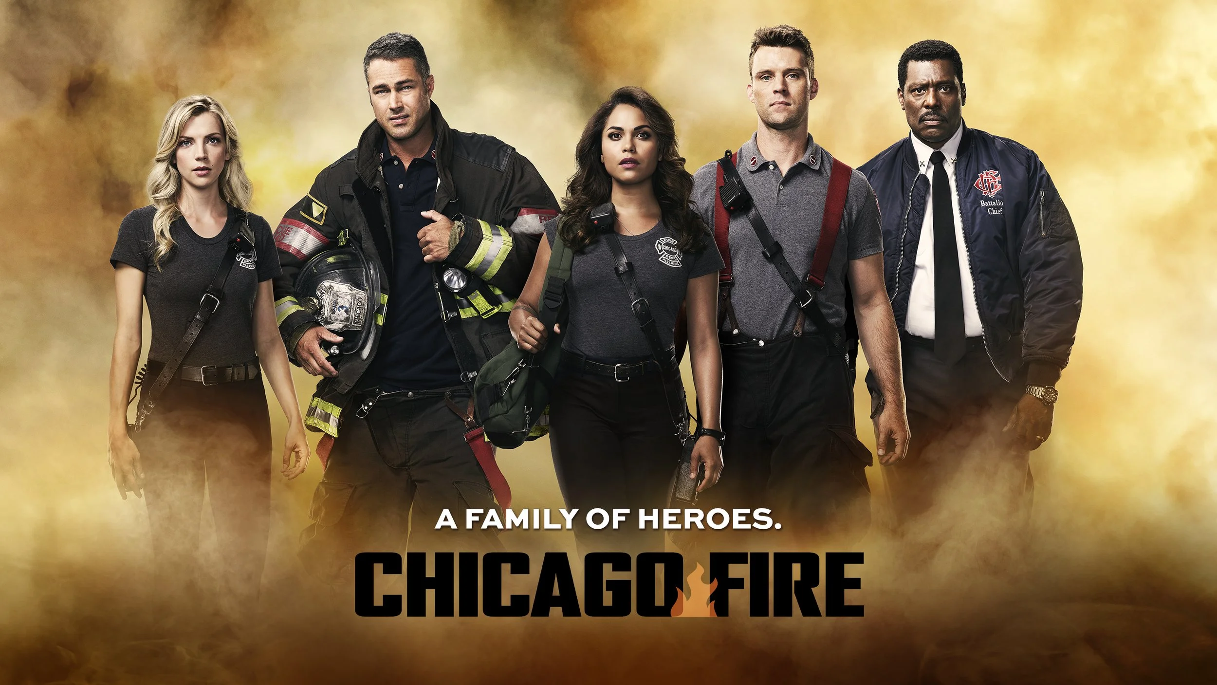 Key art photography for Chicago Fire Season 6, the NBC drama series starring Taylor Kinney, Jesse Spencer and Monica Raymund. Promotional campaign imagery for the long-running firefighter drama.
