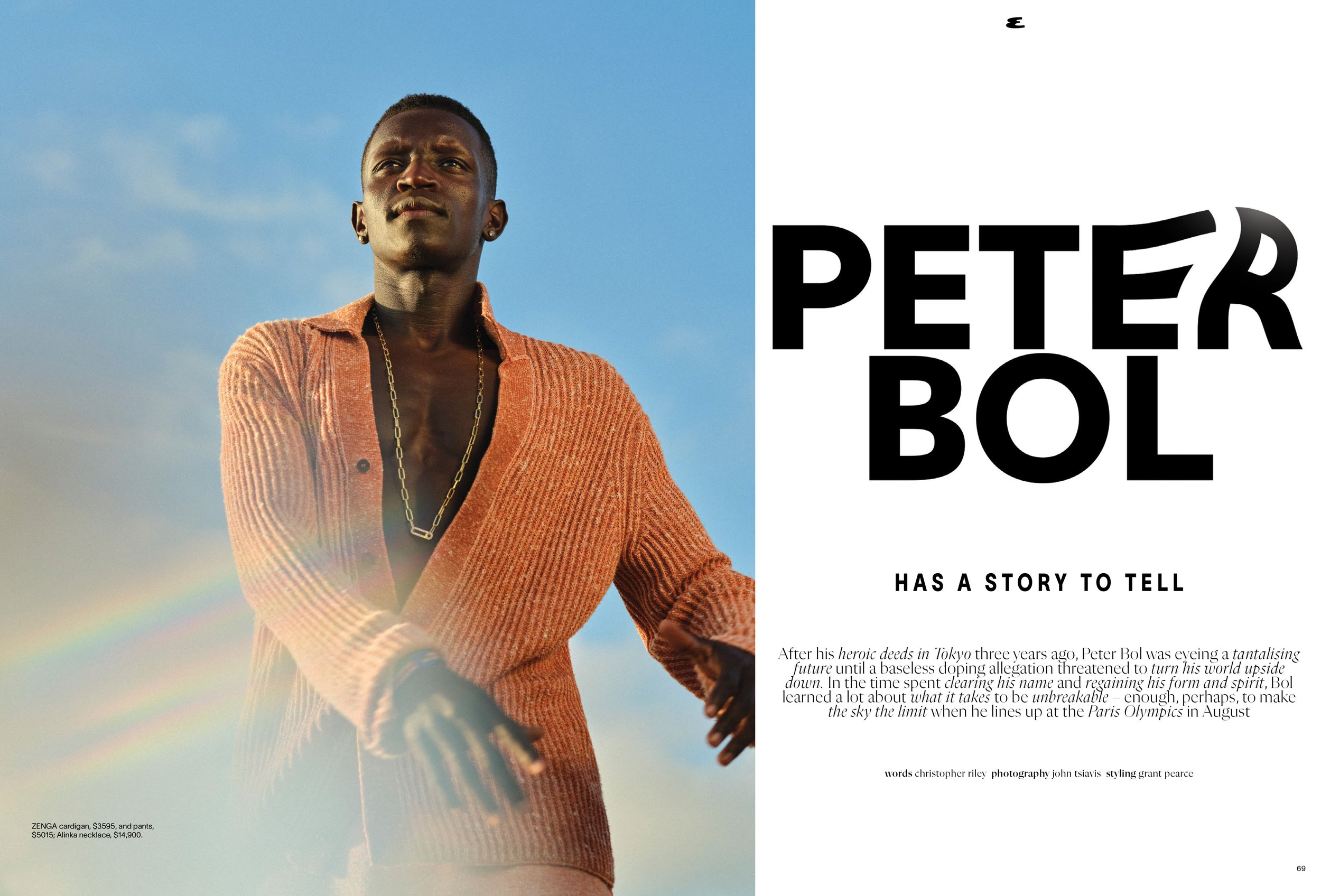 Olympian Peter Bol photographed for Esquire Magazine, location portrait at sunset featuring Zegna.