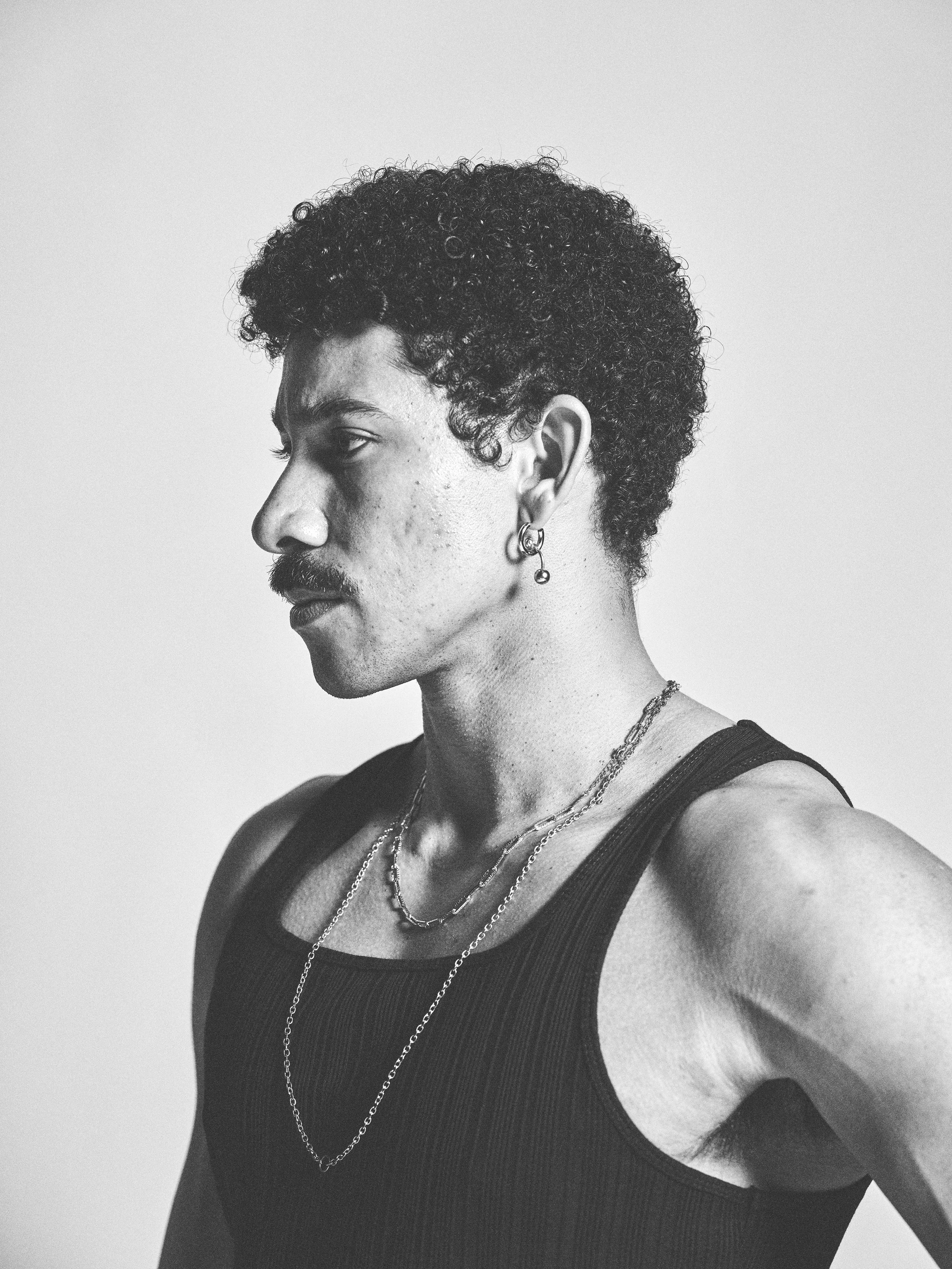 Black-and-white editorial portrait of actor Keiynan Lonsdale for Binge’s Australian drama RUN.