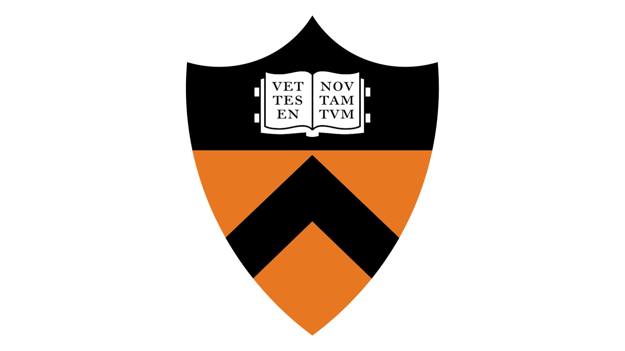 Logo with open book and Latin text, a large orange downward arrow, and a stylized black and orange symbol beneath.
