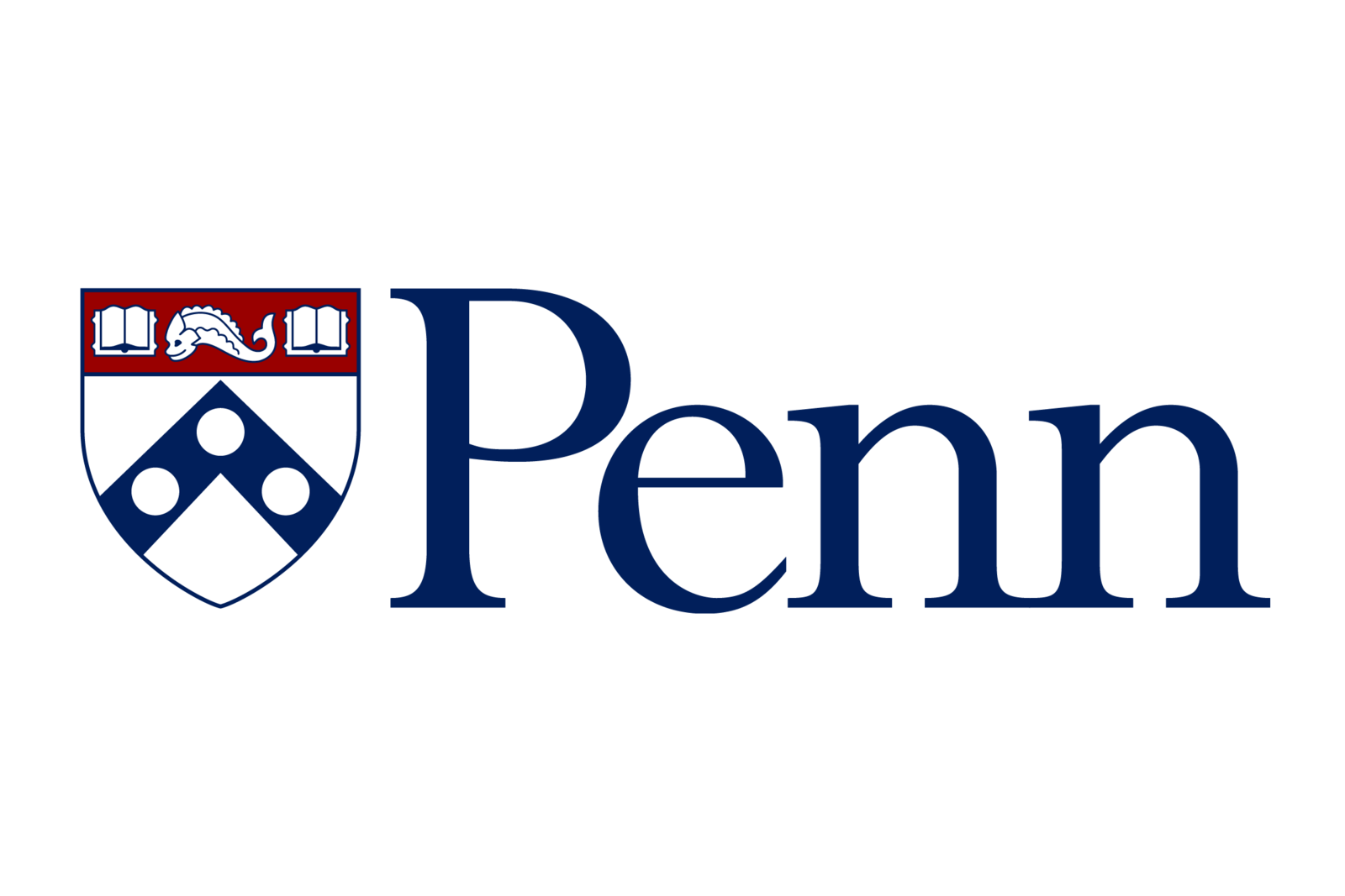 Penn logo with shield featuring open books, a dragon, and three circles