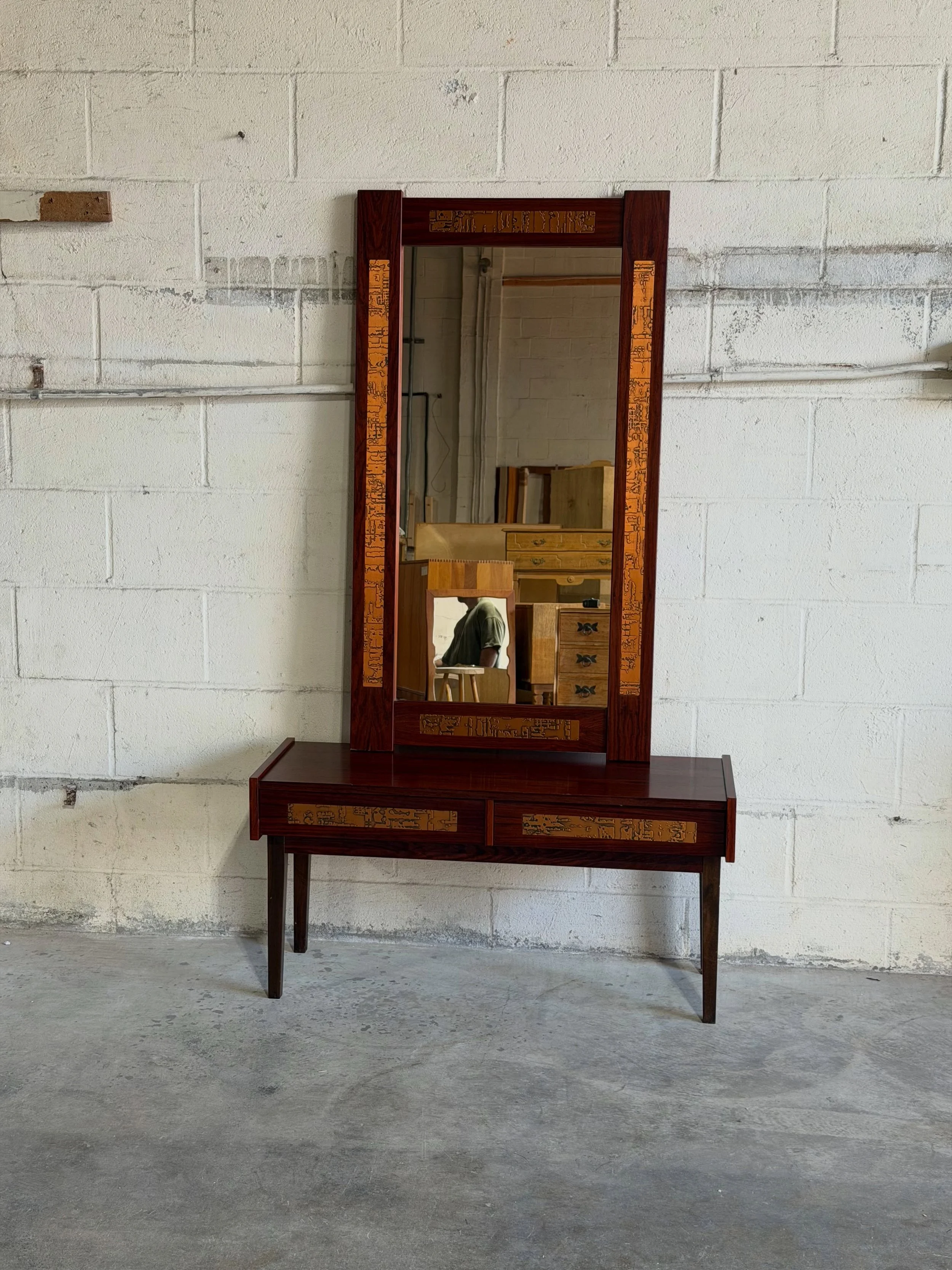 Danish modern entryway set by Pedersen &amp; Hansen, crafted in richly grained rosewood with stunning copper accents 

The geometric lines, and warm rosewood tones create that perfect Scandinavian balance &mdash; minimal, elegant, and timeless.

And 
