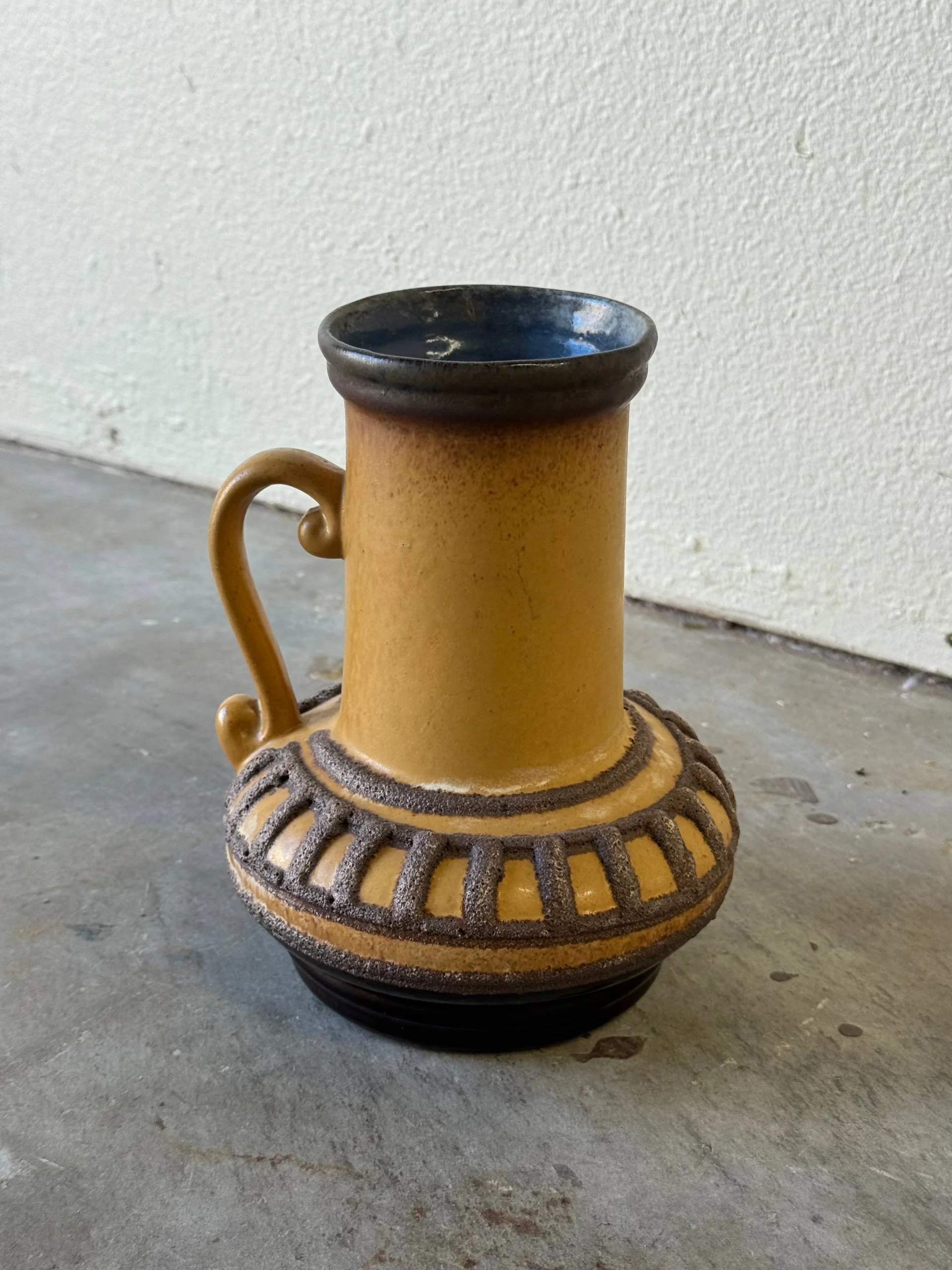 Mid-Century Strehla Keramik Vase, East German Pottery, Textured Mustard & Blue Glaze 1960s